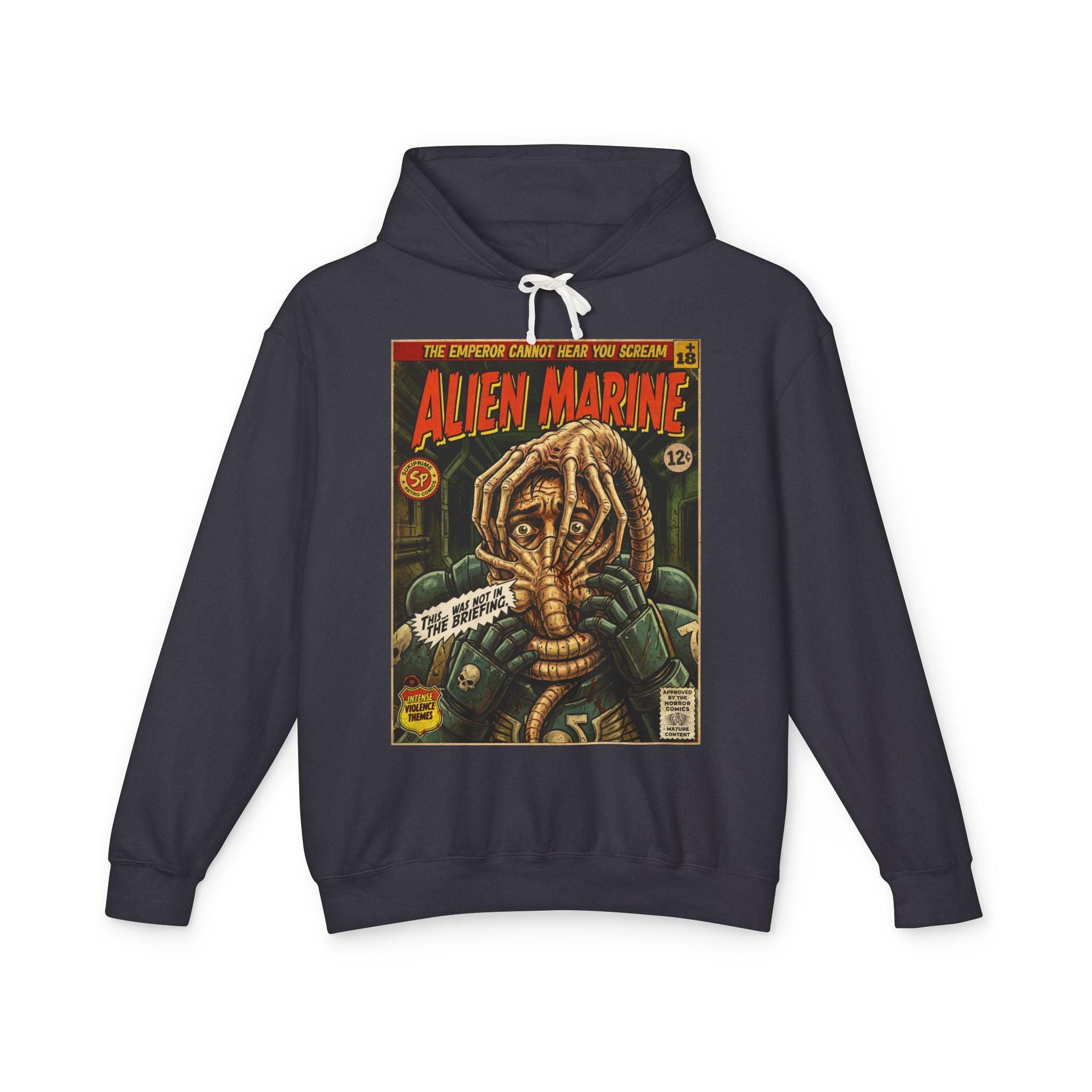 Alien Marine Comic Cover Gaming Hoodie featuring unique vintage comic cover art. High-quality gaming apparel for retro fans By SukiPrime