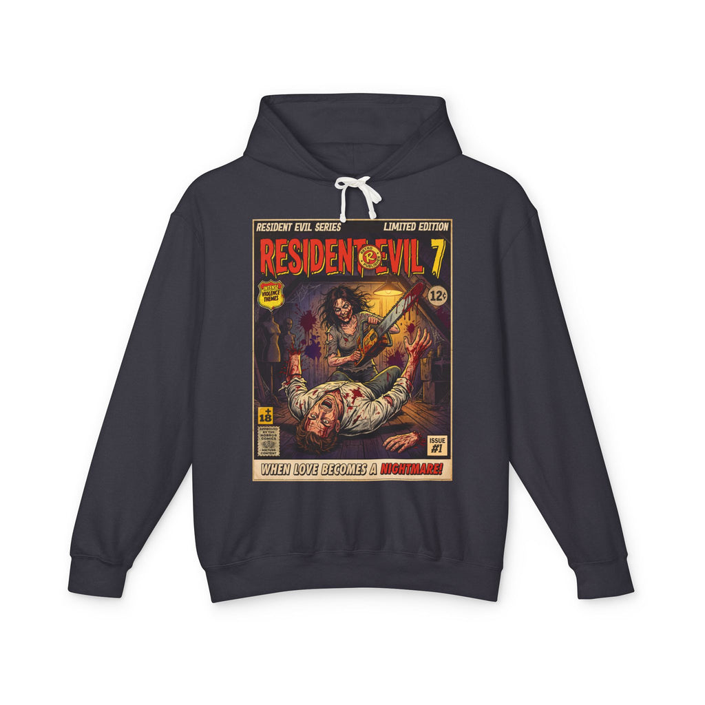 Resident Evil 7 Comic Cover Gaming Hoodie featuring unique vintage comic cover art. High-quality gaming apparel for retro fans by SukiPime