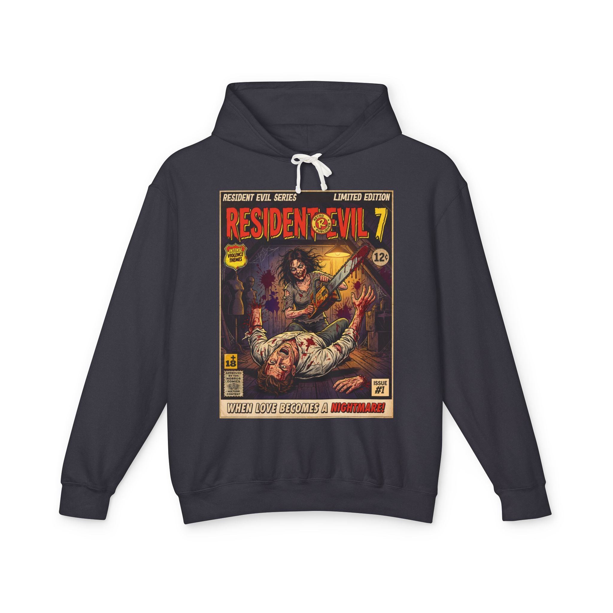 Resident Evil 7 Comic Cover Gaming Hoodie featuring unique vintage comic cover art. High-quality gaming apparel for retro fans by SukiPime