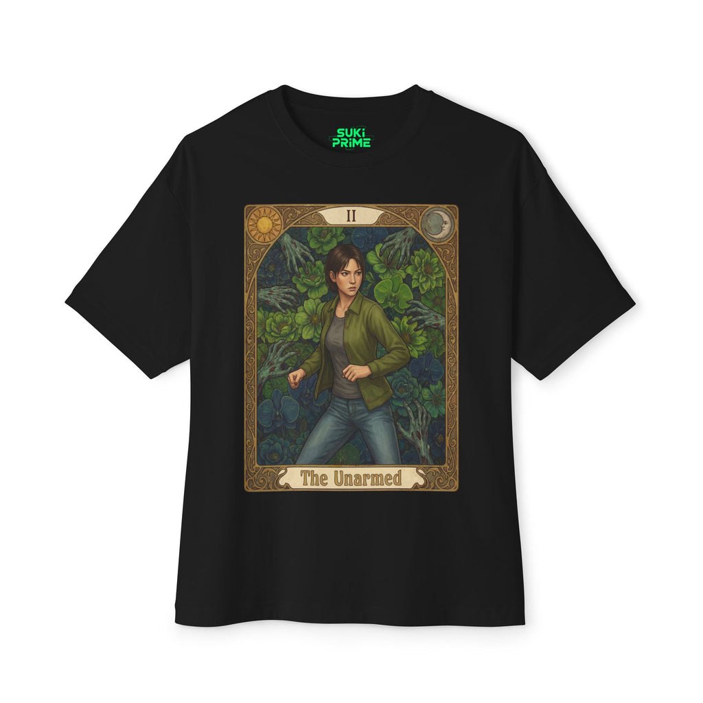 Black t-shirt with a graphic design of a person in nature and text 'The Unarmed' on a white background featuring unique vintage comic cover art, High-quality gaming apparel for retro horror fans by sukiprime