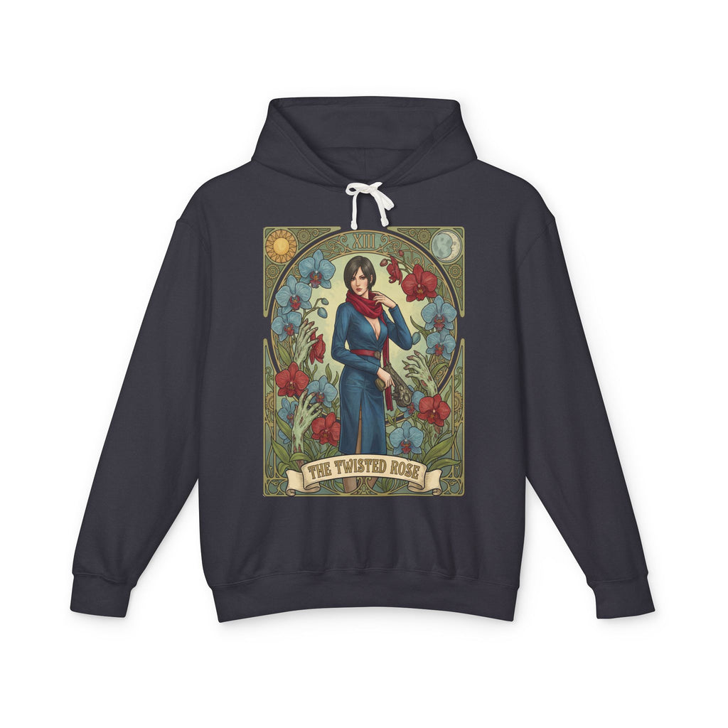 Black hoodie with a graphic design of a resident evil character Carla Radames in blue dress surrounded by flowers on a white background featuring retro vintage comic cover art gaming hoodie designed by SukiPrime