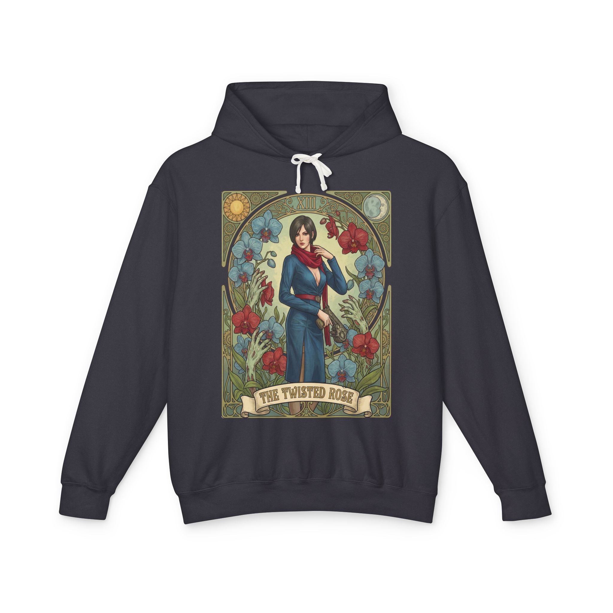 Black hoodie with a graphic design of a resident evil character Carla Radames in blue dress surrounded by flowers on a white background featuring retro vintage comic cover art gaming hoodie designed by SukiPrime
