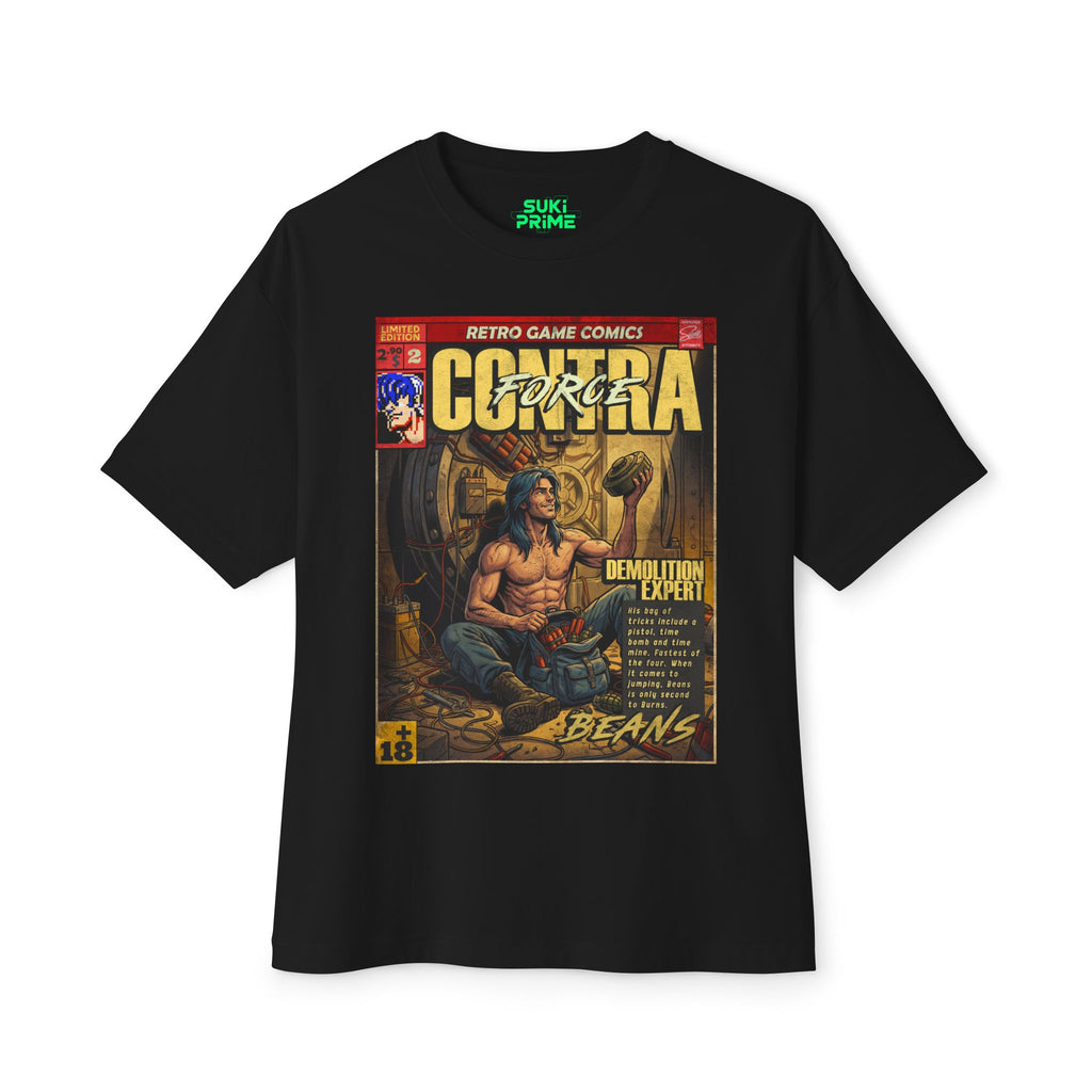Black t-shirt with a graphic design of a retro game comic book cover featuring a character named 'Contra' featuring unique vintage comic cover art, High-quality gaming apparel for retro horror fans by sukiprime