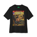 Black t-shirt with a graphic design of a retro game comic book cover featuring a character named 'Contra' featuring unique vintage comic cover art, High-quality gaming apparel for retro horror fans by sukiprime