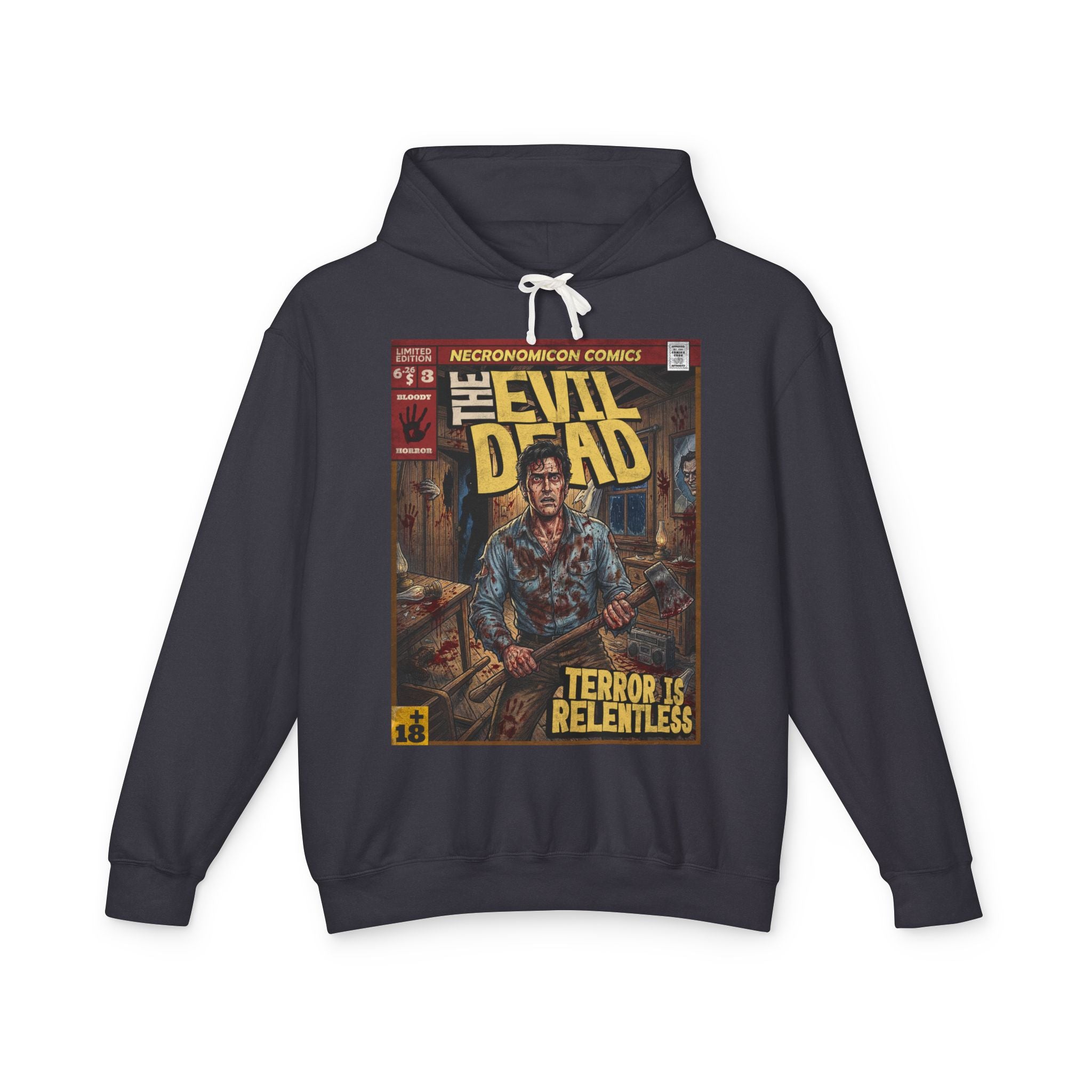 Black hoodie from SukiPrime featuring a retro comic design of Ash Williams from The Evil Dead, holding an axe in a blood-splattered scene.