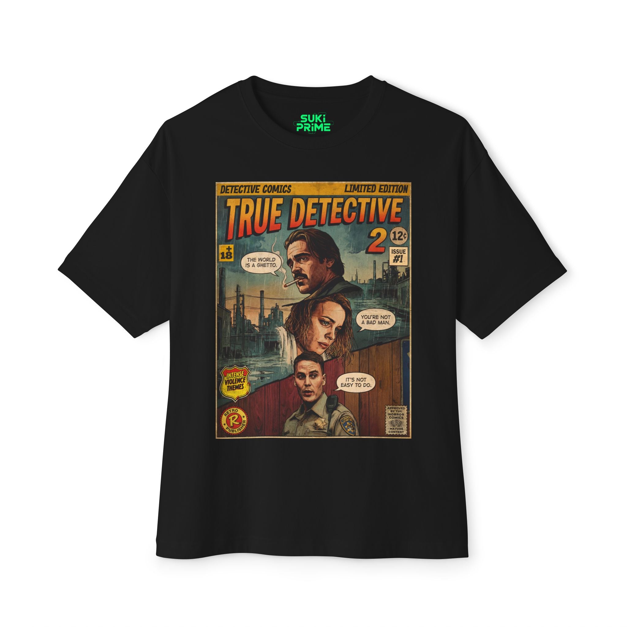 Shop Retro Vintage Comic Cover The True Detective oversized unisex t‑shirt by SukiPrime. Exclusive TV-series inspired design with nostalgic comic-cover style.