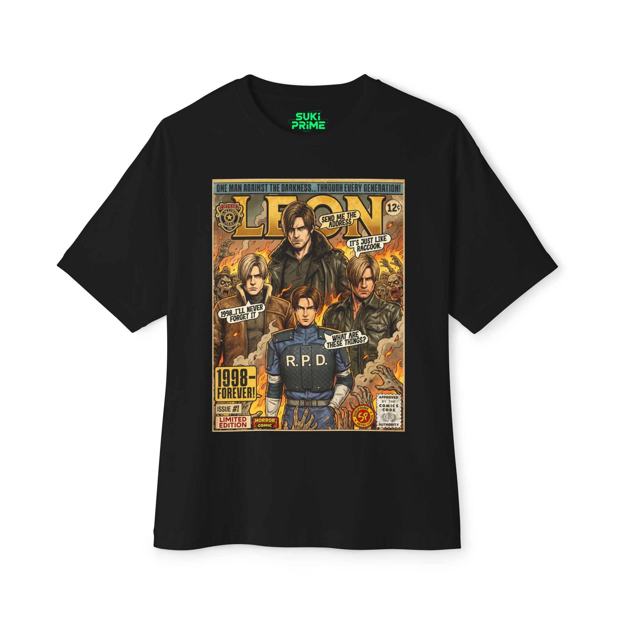 Black Resident Evil Leon Comic Art Oversized T-Shirt by SukiPrime