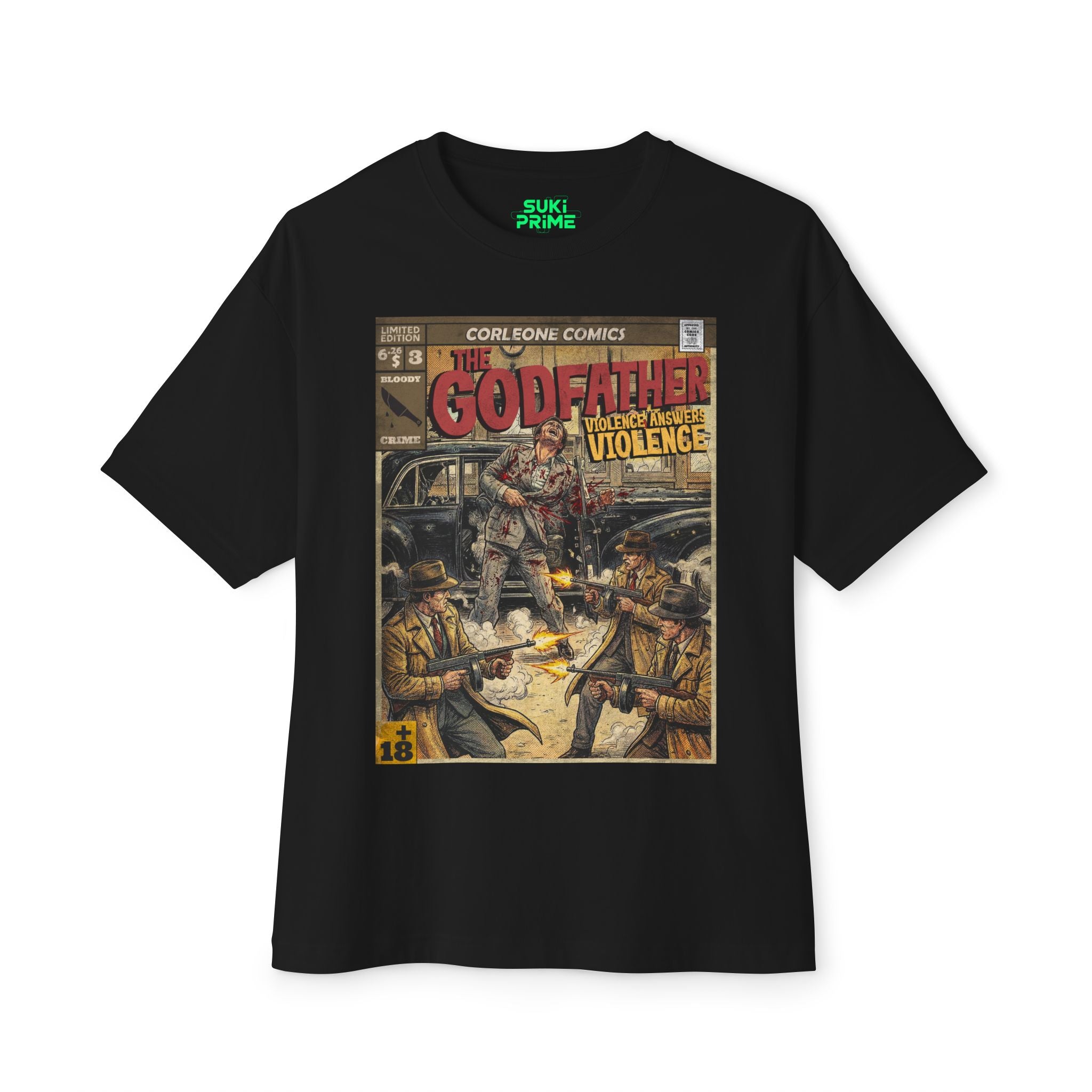 A black short-sleeved t-shirt by Suki Prime featuring a vintage comic book cover graphic titled 'The Godfather: Violence Answers Violence.' The design depicts a dramatic 1940s-style scene with gangsters in trench coats engaged in a shootout, showcasing a retro and distressed aesthetic