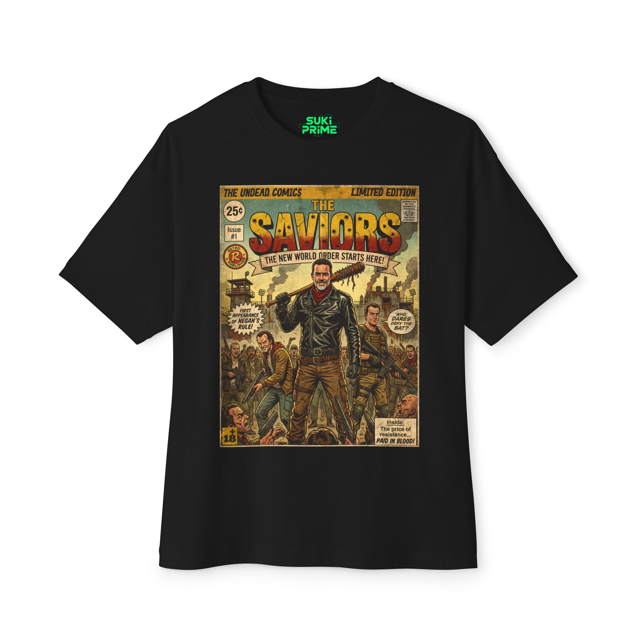 Shop Retro Vintage Comic Cover The Walking Dead oversized unisex t‑shirt by SukiPrime. Exclusive TV-series inspired design with nostalgic comic-cover style.