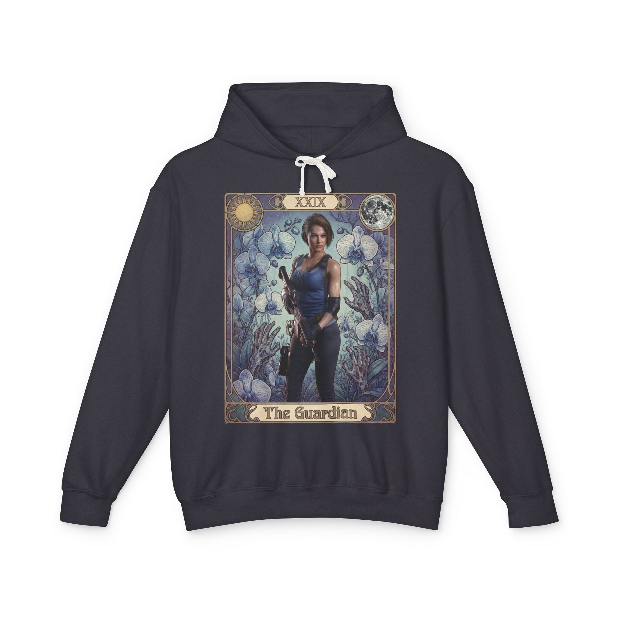 Black hoodie with 'The Guardian' tarot card design on a white background resident evil jill valentine featuring retro vintage comic cover art gaming hoodie designed by SukiPrime