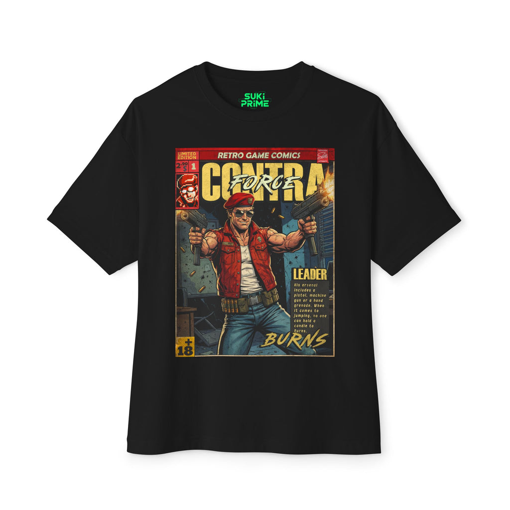 Black t-shirt with a graphic design of a character holding a gun, labeled 'Burns', on a white background featuring unique vintage comic cover art, High-quality gaming apparel for retro horror fans by sukiprime