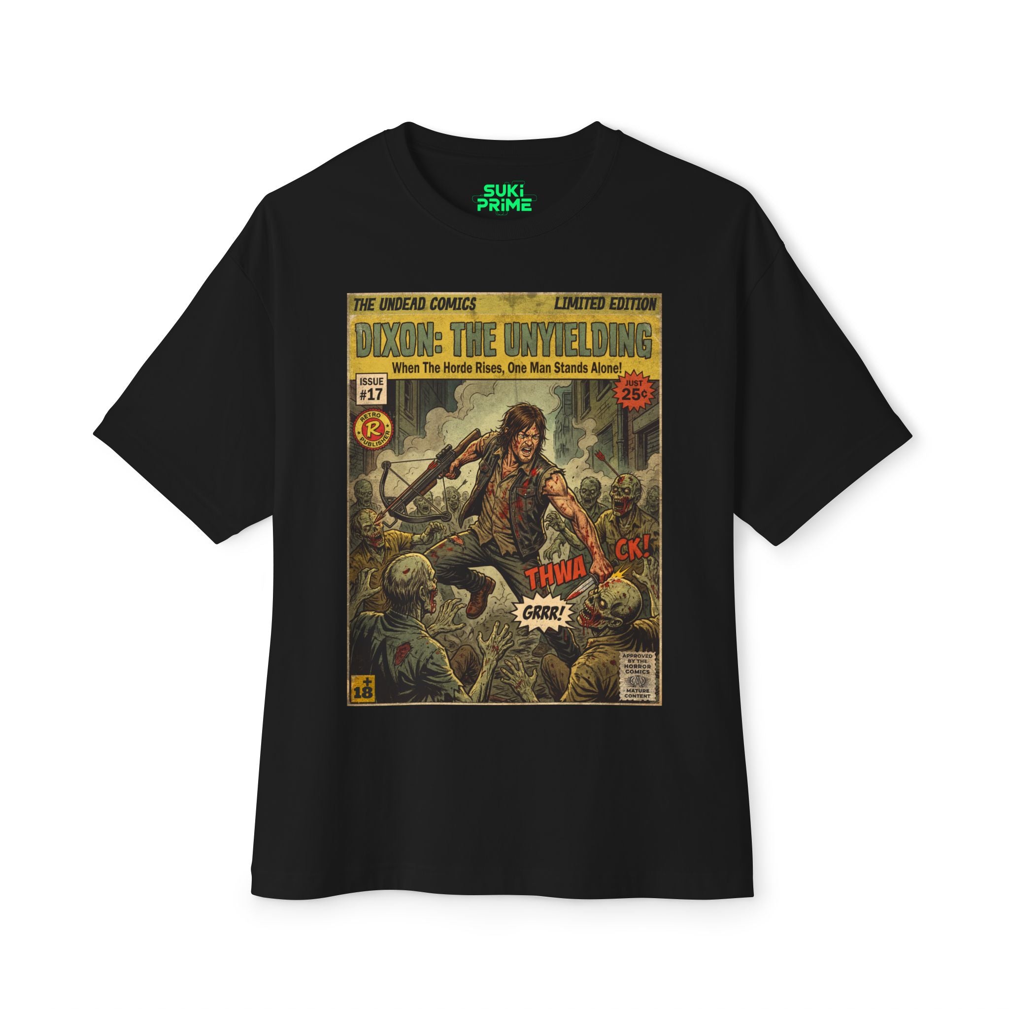 Retro Vintage Comic Cover The Walking Dead oversized unisex t‑shirt by SukiPrime. Exclusive TV-series inspired design with nostalgic comic-cover style.