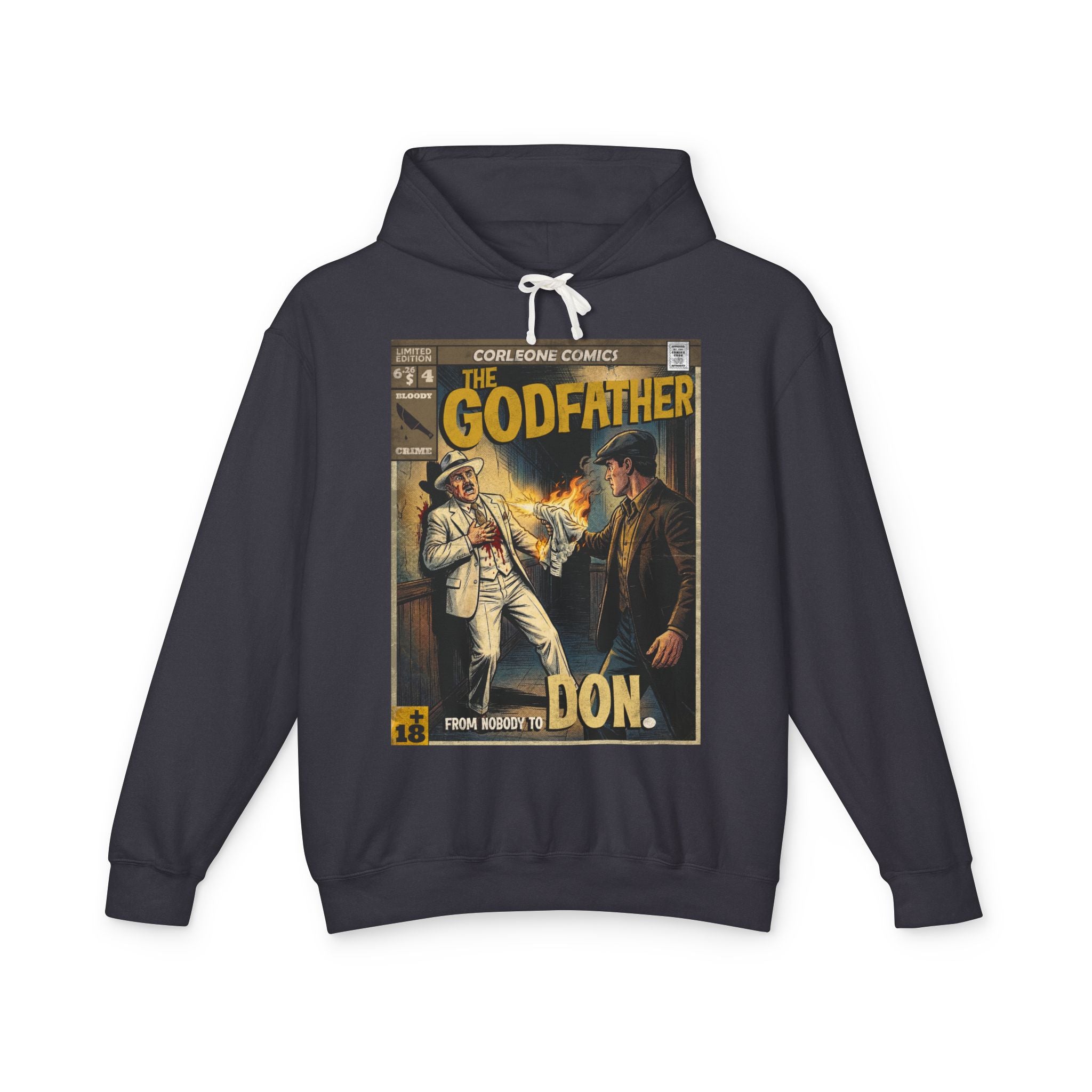 SukiPrime hoodie featuring a vintage comic book design inspired by The Godfather movie, showcasing iconic scenes and retro aesthetics.