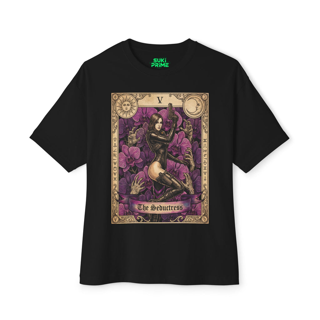 Black t-shirt with 'The Seductress' tarot card design on a white background featuring unique vintage comic cover art, High-quality gaming apparel for retro horror fans by sukiprime