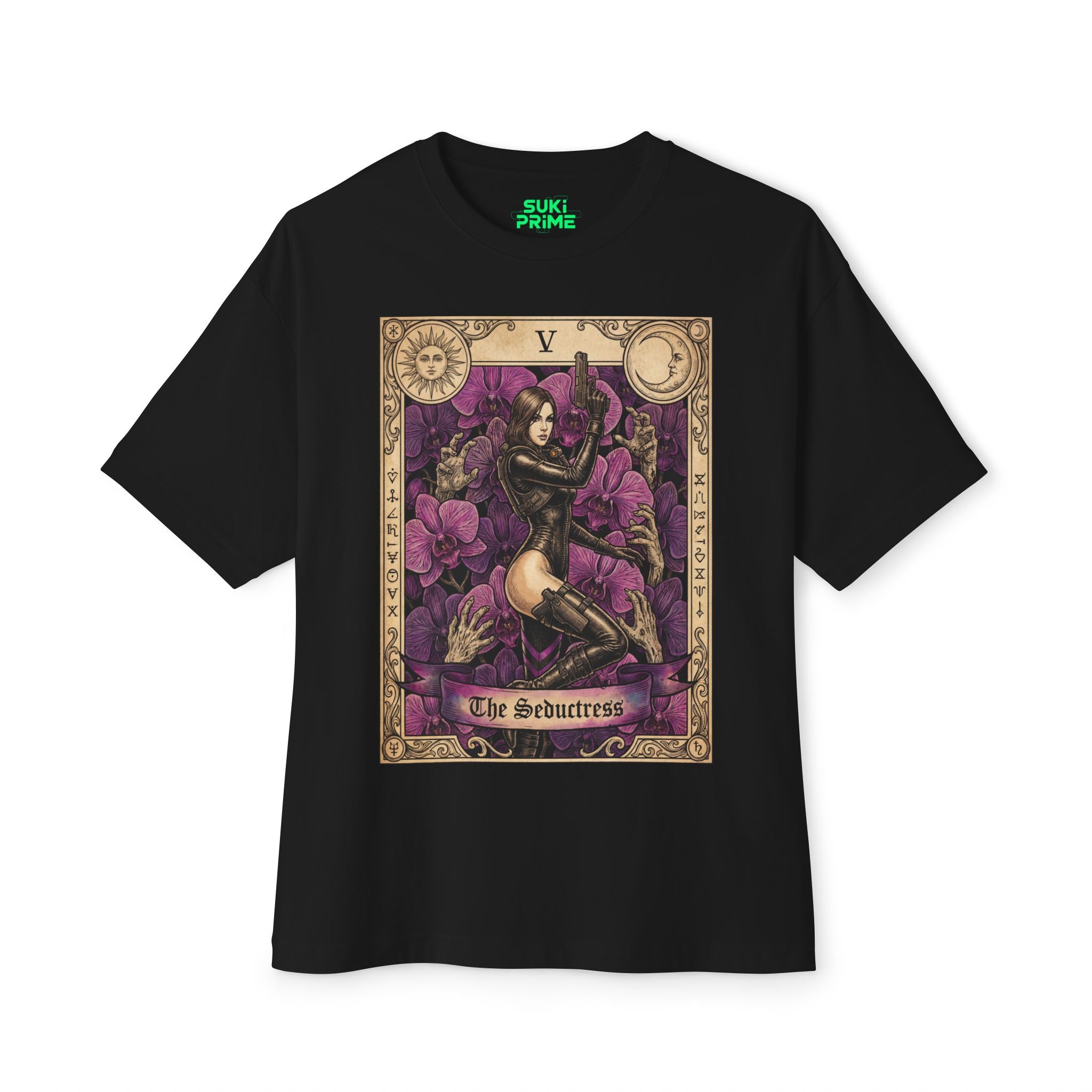Black t-shirt with 'The Seductress' tarot card design on a white background featuring unique vintage comic cover art, High-quality gaming apparel for retro horror fans by sukiprime