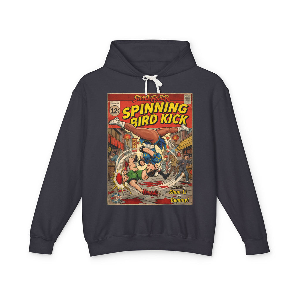 Black hoodie with a street fighter shun-li and cammy fighting comic book-style design featuring retro vintage comic cover art gaming hoodie designed by SukiPrime