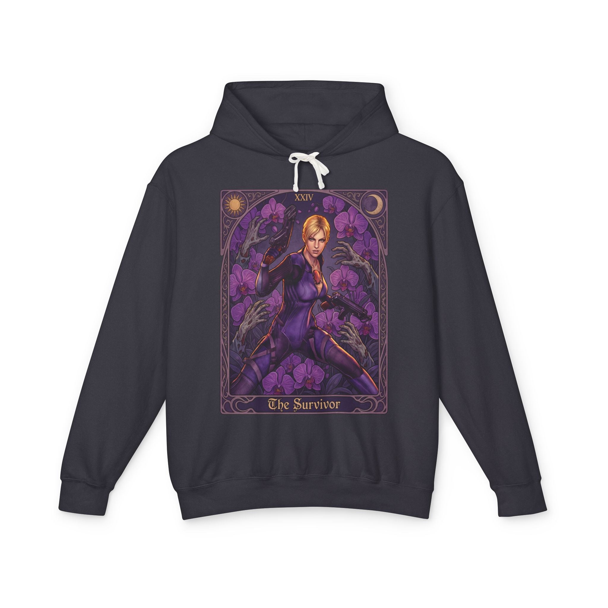 Black hoodie with a graphic design of a Jill Valentine and trees on a white background featuring retro vintage comic cover art gaming hoodie designed by SukiPrime