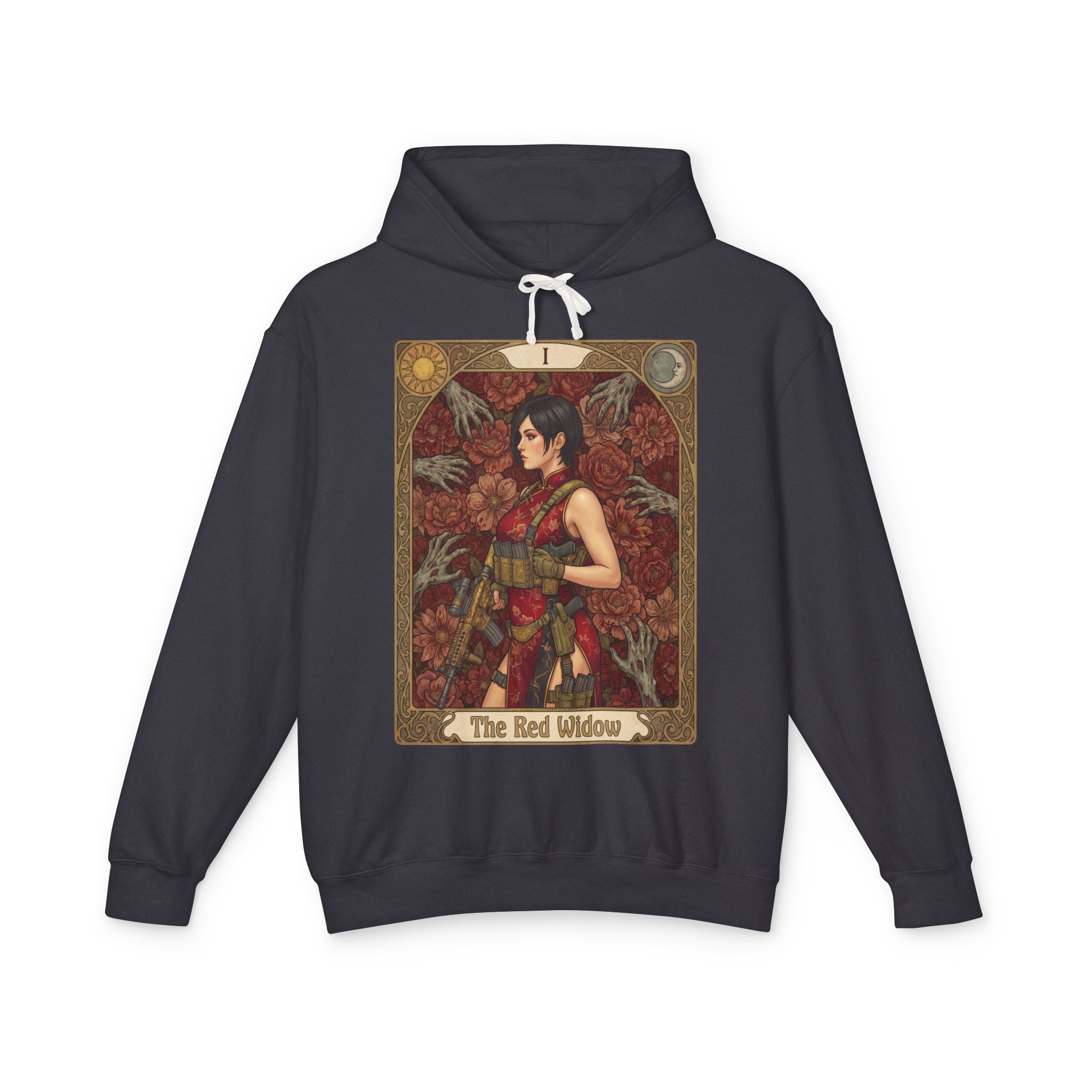 Black hoodie with 'The Red Widow' graphic design on a white background featuring retro vintage comic cover art gaming hoodie designed by SukiPrime