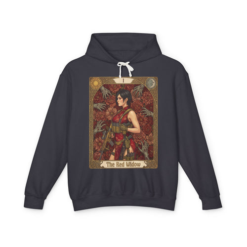 Black hoodie with 'The Red Widow' graphic design on a white background featuring retro vintage comic cover art gaming hoodie designed by SukiPrime