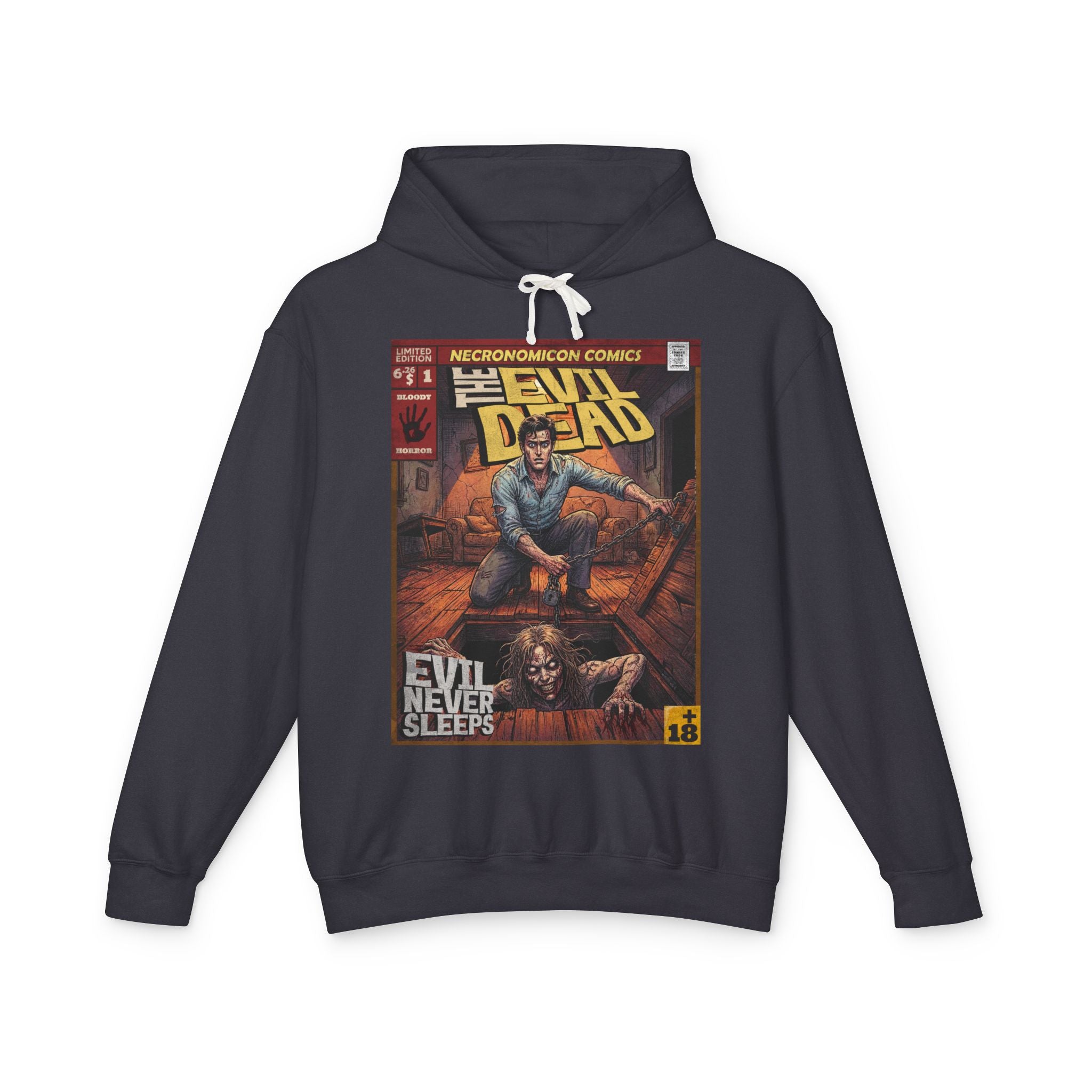 SukiPrime hoodie with a vintage comic book design featuring Ash Williams from The Evil Dead, showcasing horror elements and retro style.
