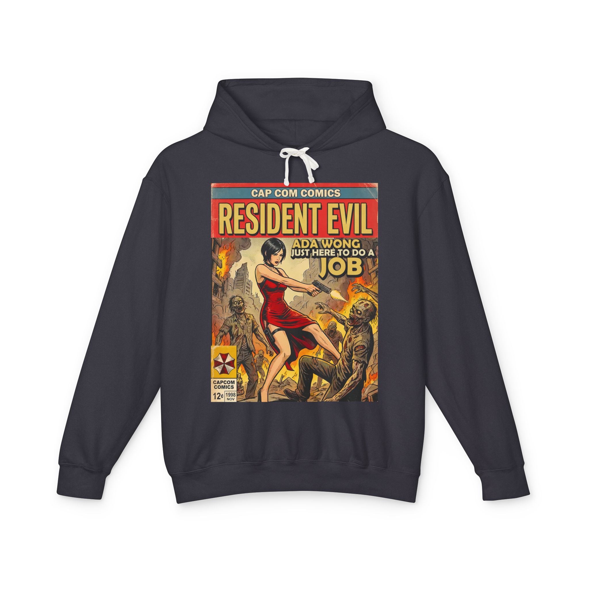 Black hoodie with 'Resident Evil' comic book cover design on a white background featuring retro vintage comic cover art gaming hoodie designed by SukiPrime