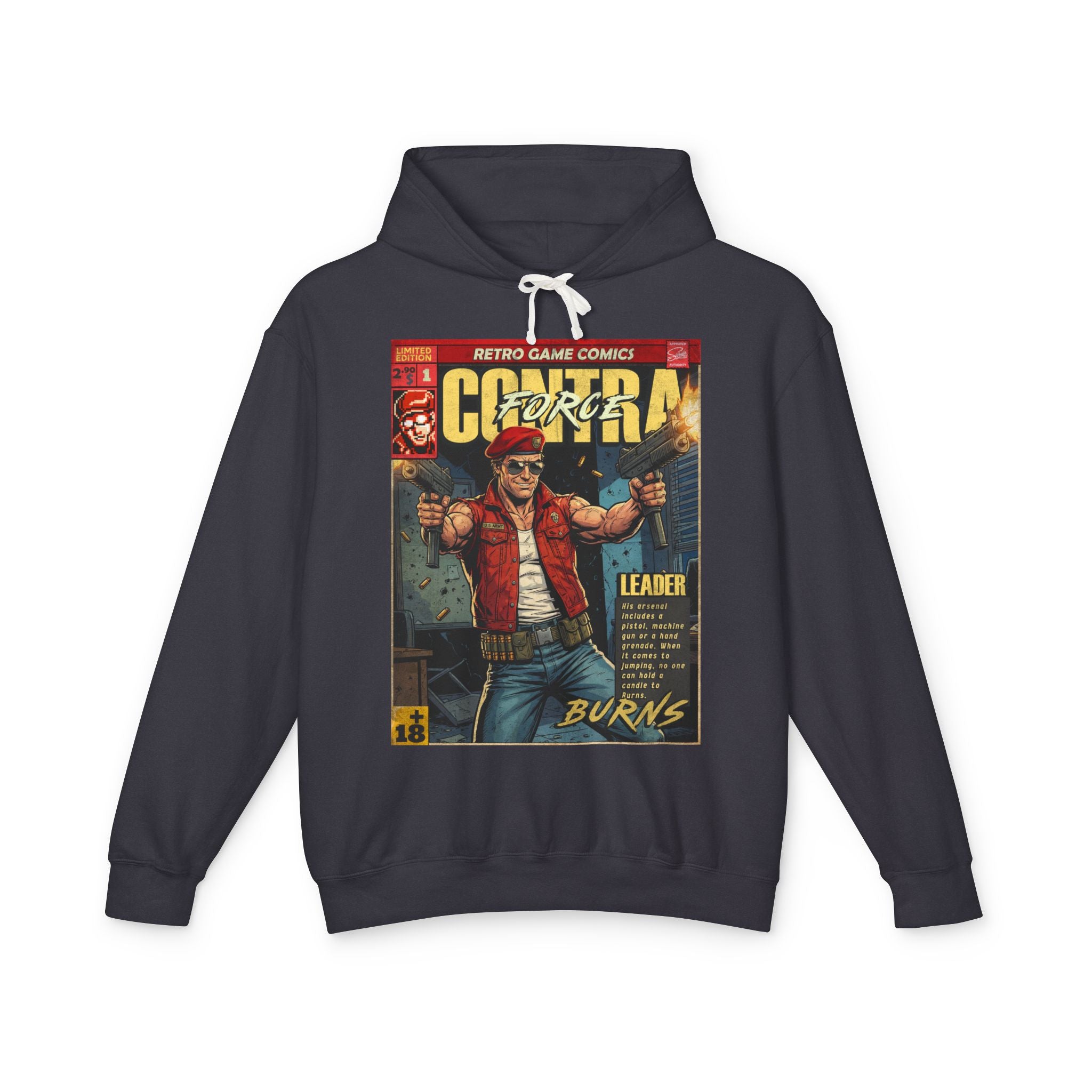 Contra Force Comic Cover Gaming Hoodie featuring unique vintage comic cover art. High-quality gaming apparel for retro fans by SukiPrime