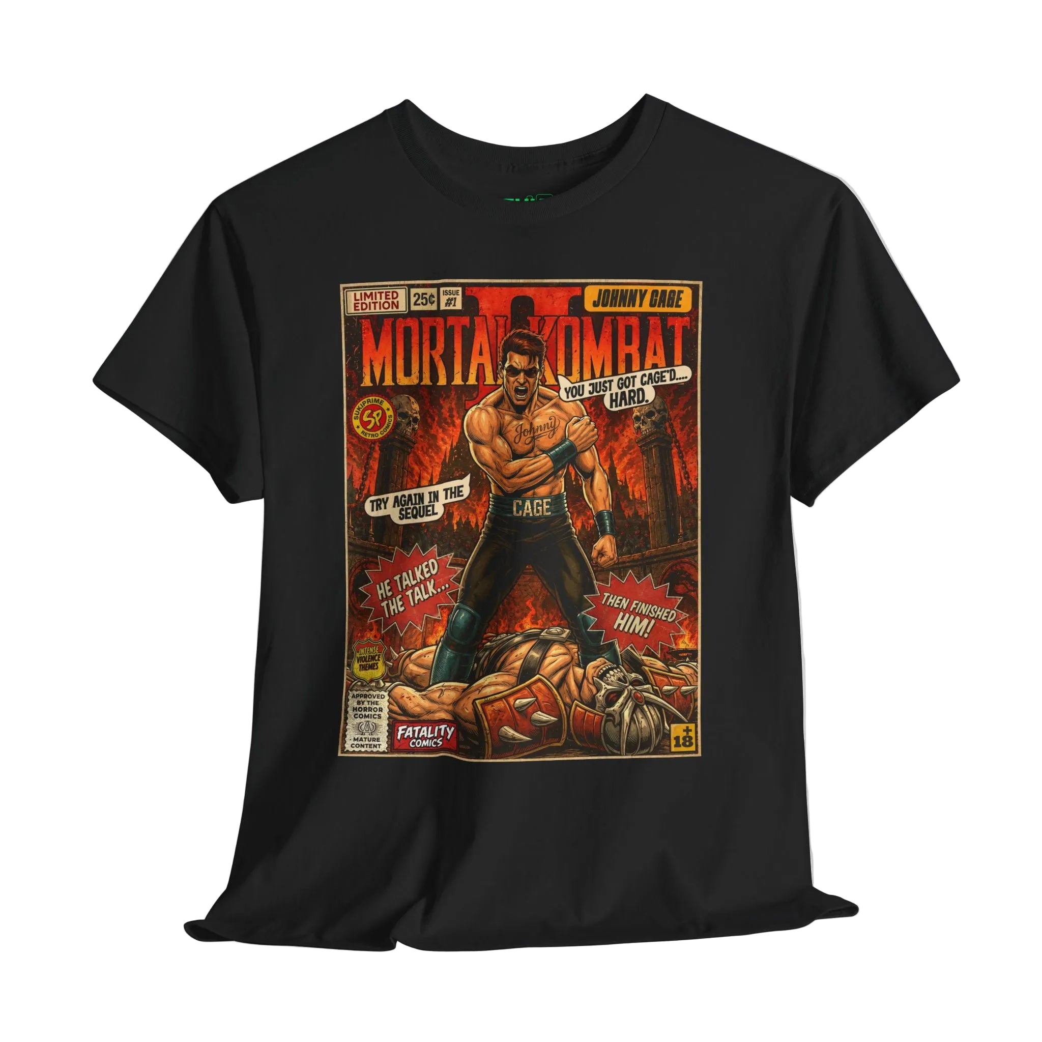 Black Mortal Kombat 2 Johnny Cage Comic Art T-Shirt by SukiPrime