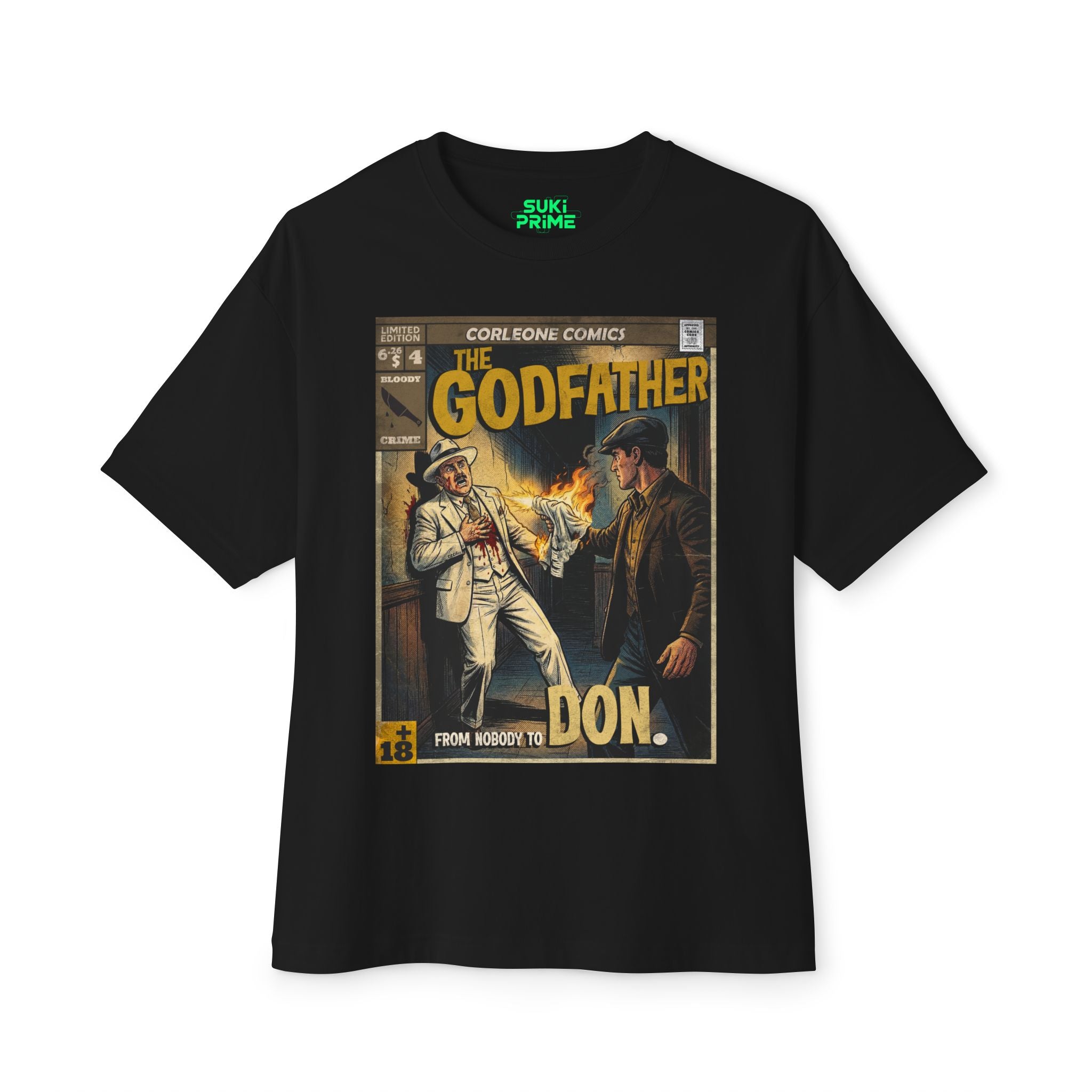 A black oversized t-shirt featuring a vintage comic book graphic titled "The Godfather" by "Corleone Comics." The design illustrates a dramatic scene of a man in a brown suit shooting another man in a white suit, with the tagline "From Nobody to Don" at the bottom. The shirt includes a "SUKI PRIME" brand logo inside the collar