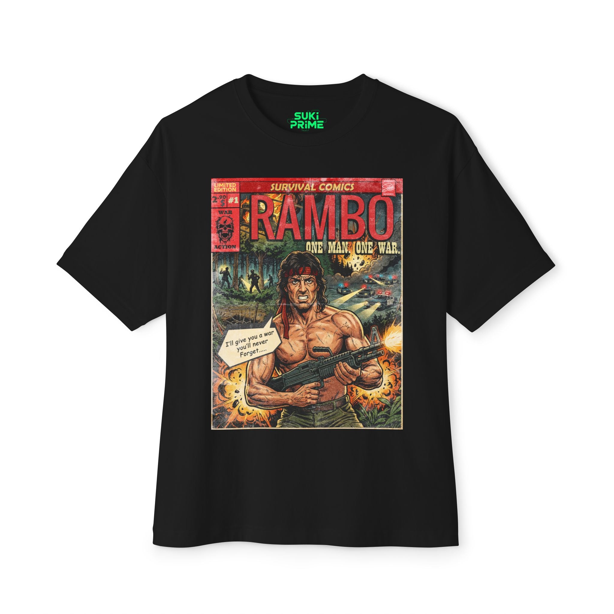 A black oversized t-shirt featuring a vintage comic book style graphic of John Rambo holding a machine gun, surrounded by explosions, police cars, and soldiers. The graphic includes a speech bubble from Rambo that says, 'I'll give you a war you'll never forget.....' The t-shirt has a green 'SUKI PRIME' brand logo on the inner neck