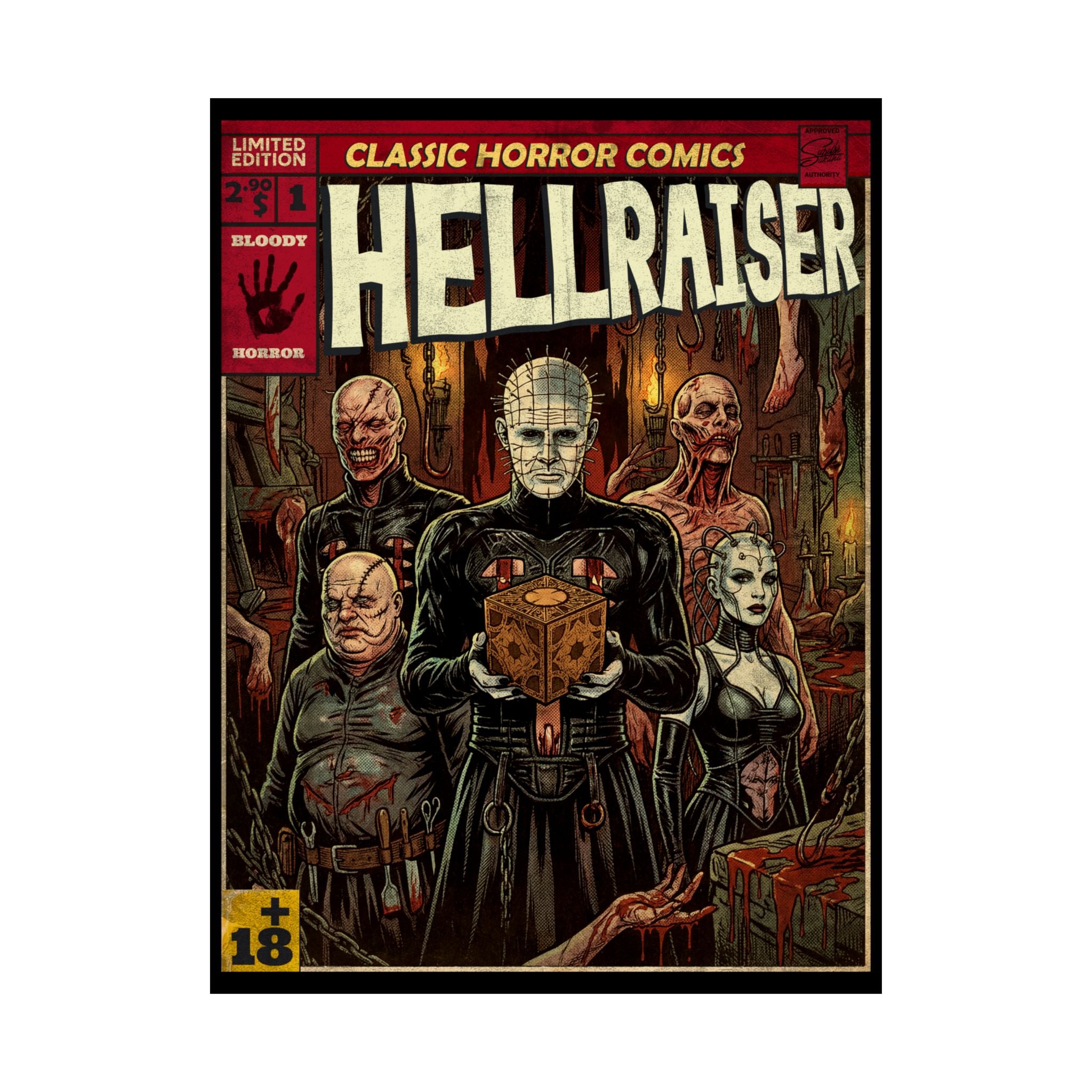 Hellraiser Movie Poster designed with retro vintage comic book cover style. Movie poster is satin (300gsm) 18″ x 24″ (Vertical) for retro wall decoration. exclusive and unique design by SukiPrime.