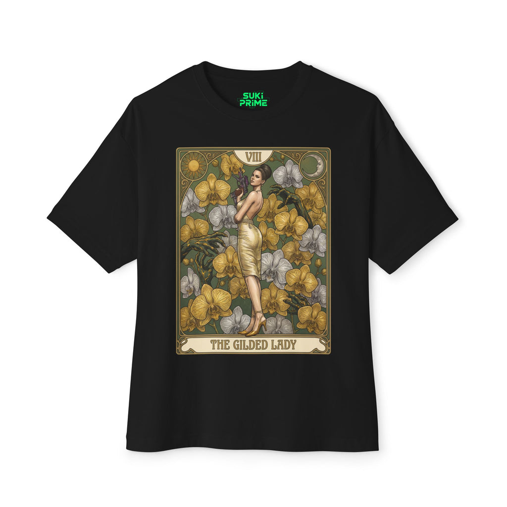 Black t-shirt with 'The Gilded Lady' tarot card design on a white background featuring unique vintage comic cover art, High-quality gaming apparel for retro horror fans by sukiprime