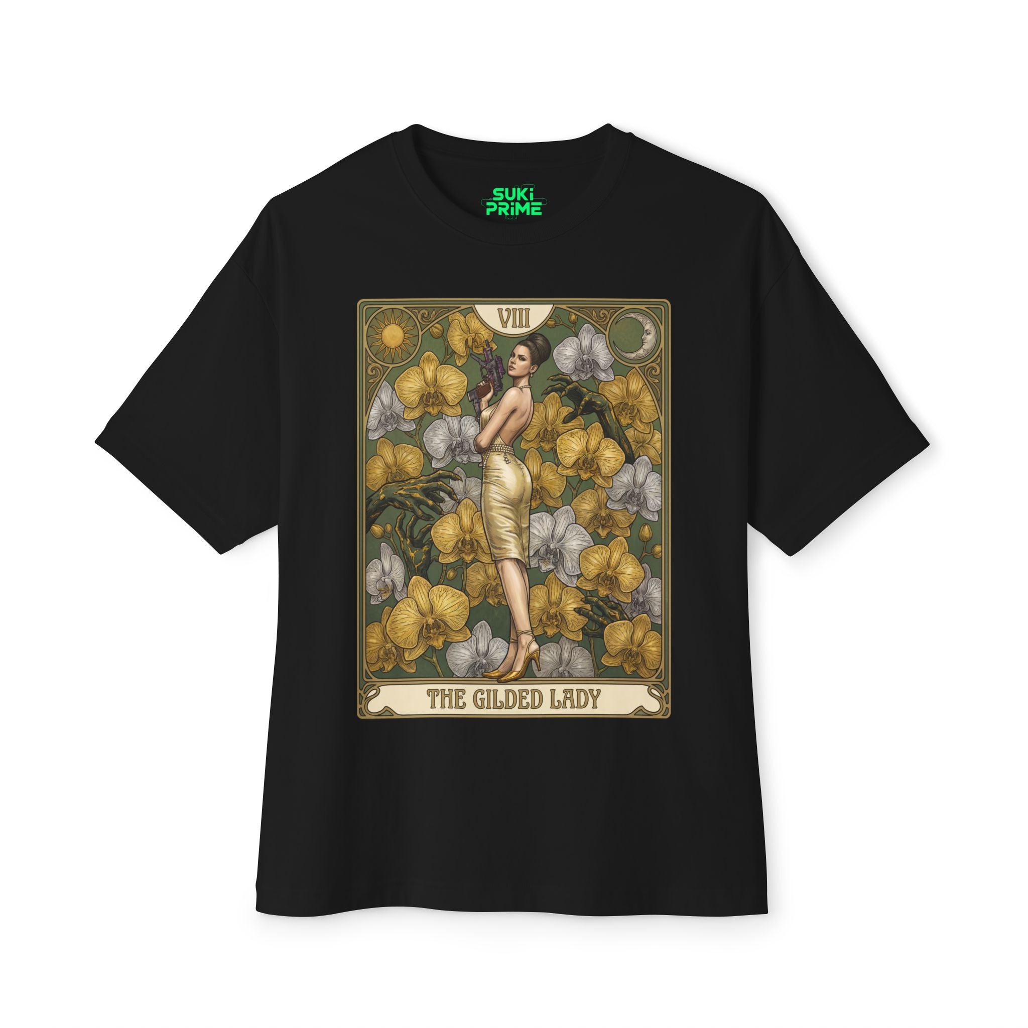 Black t-shirt with 'The Gilded Lady' tarot card design on a white background featuring unique vintage comic cover art, High-quality gaming apparel for retro horror fans by sukiprime