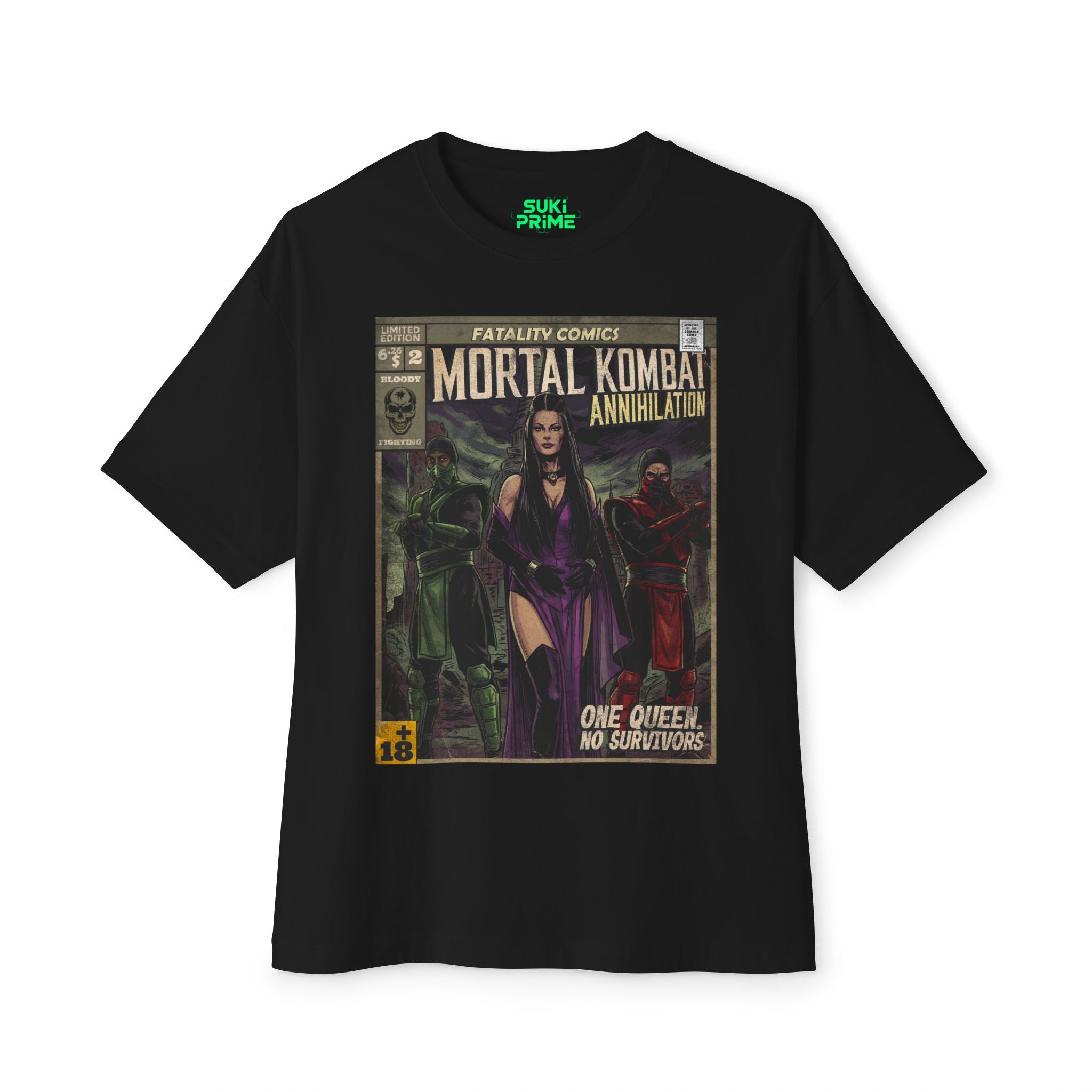 A black oversized t-shirt featuring a vintage comic book style graphic titled "Mortal Kombat Annihilation." The design showcases Queen Sindel in a purple outfit, flanked by characters Reptile and Ermac. The graphic includes the text "Fatality Comics," "One Queen. No Survivors," and a retro "+18" rating badge, all presented in a distressed, retro aesthetic.
