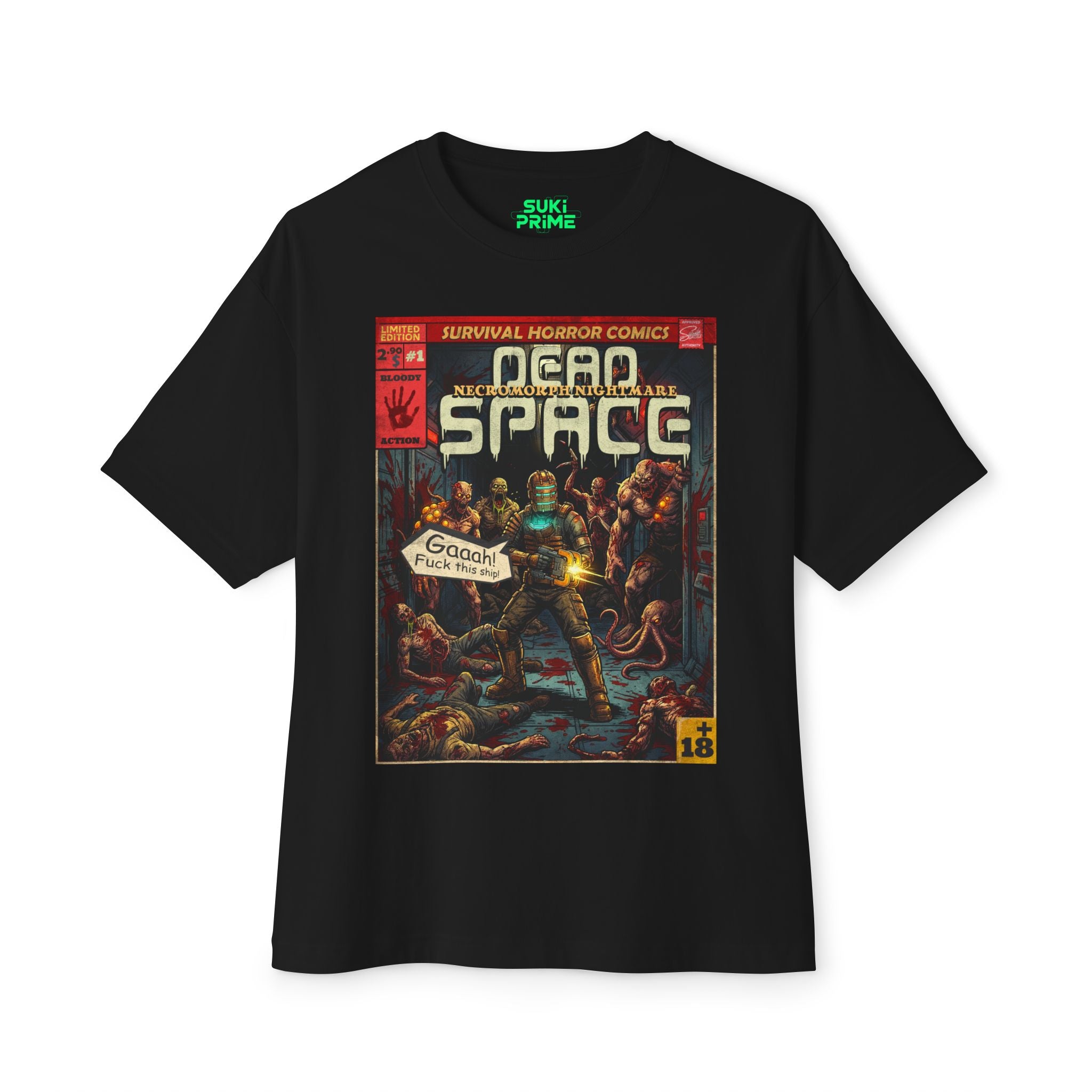 Black t-shirt with a graphic design of a comic book cover on a white background featuring unique vintage comic cover art, High-quality gaming apparel for retro horror fans by sukiprime