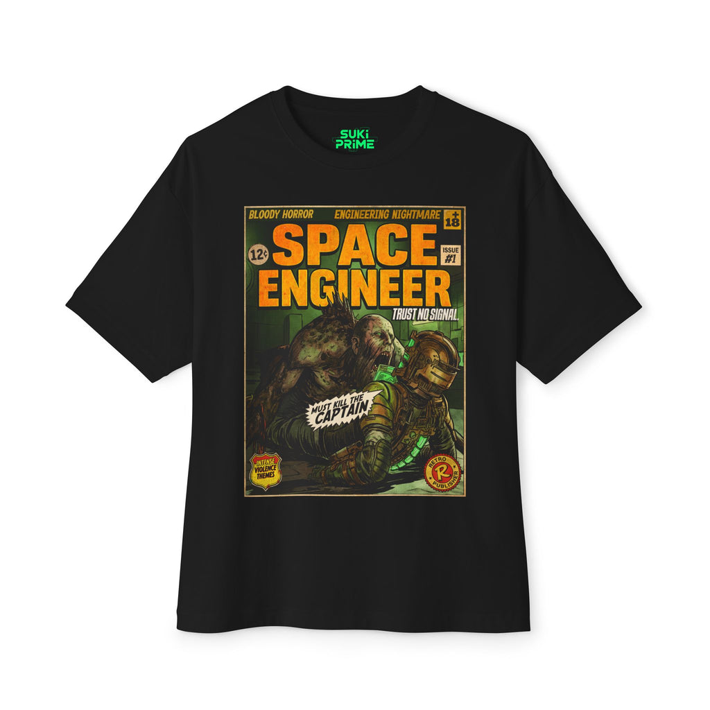Black t-shirt with 'Space Engineer' graphic design on a white background featuring unique vintage comic cover art, High-quality gaming apparel for retro horror fans by sukiprime