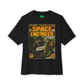 Black t-shirt with 'Space Engineer' graphic design on a white background featuring unique vintage comic cover art, High-quality gaming apparel for retro horror fans by sukiprime
