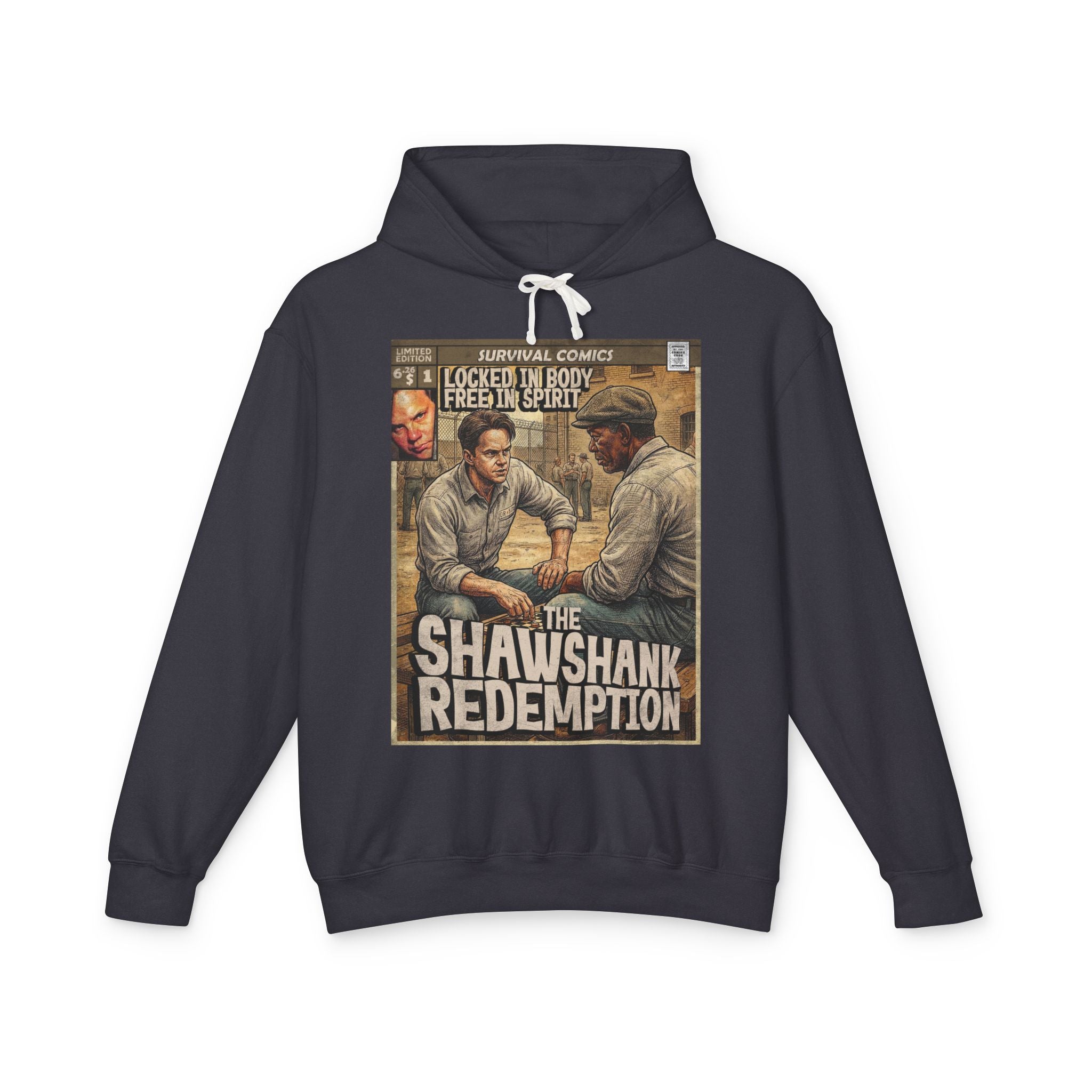 Black hoodie featuring retro comic art of The Shawshank Redemption with Andy and Red in the prison yard, designed by SukiPrime.