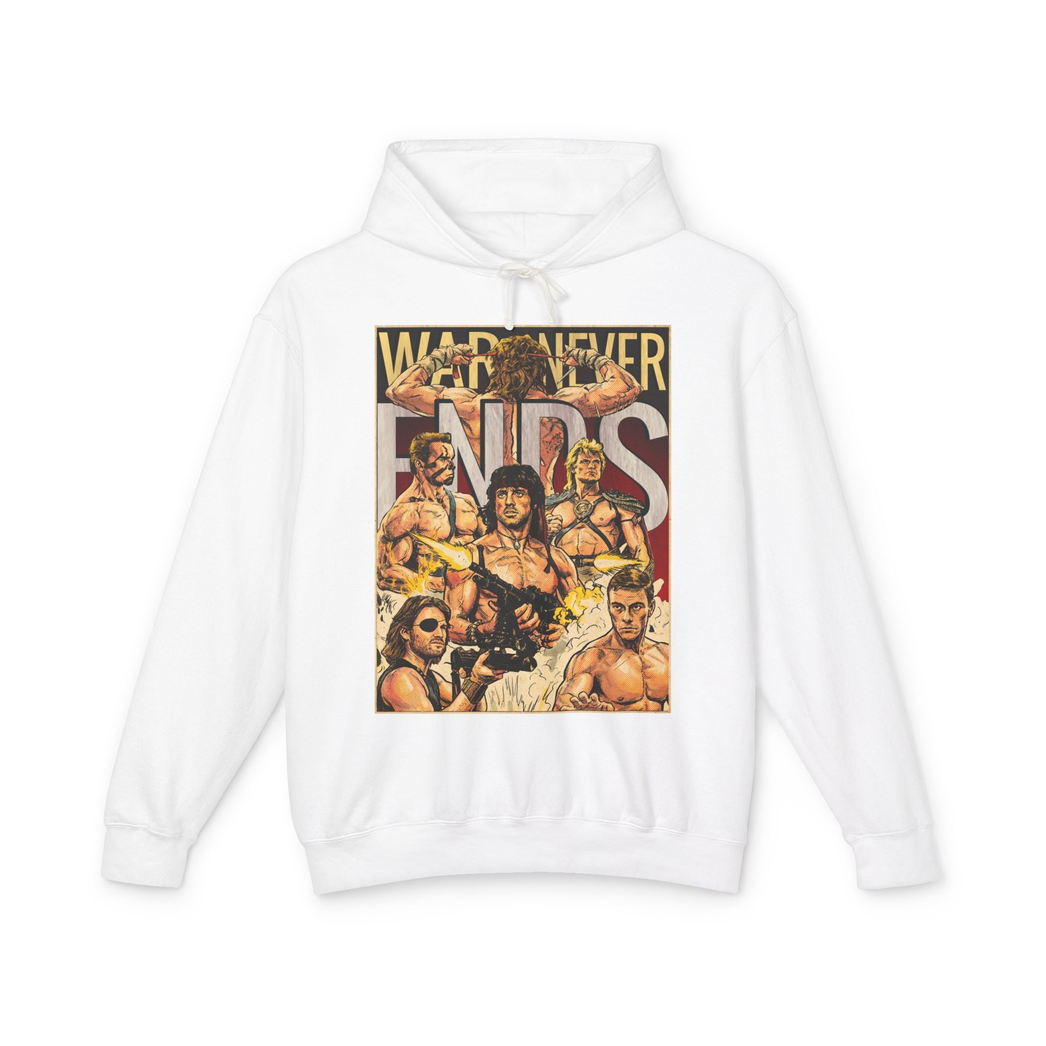 War Never Ends 80's Action Movie Comic Cover Hoodie