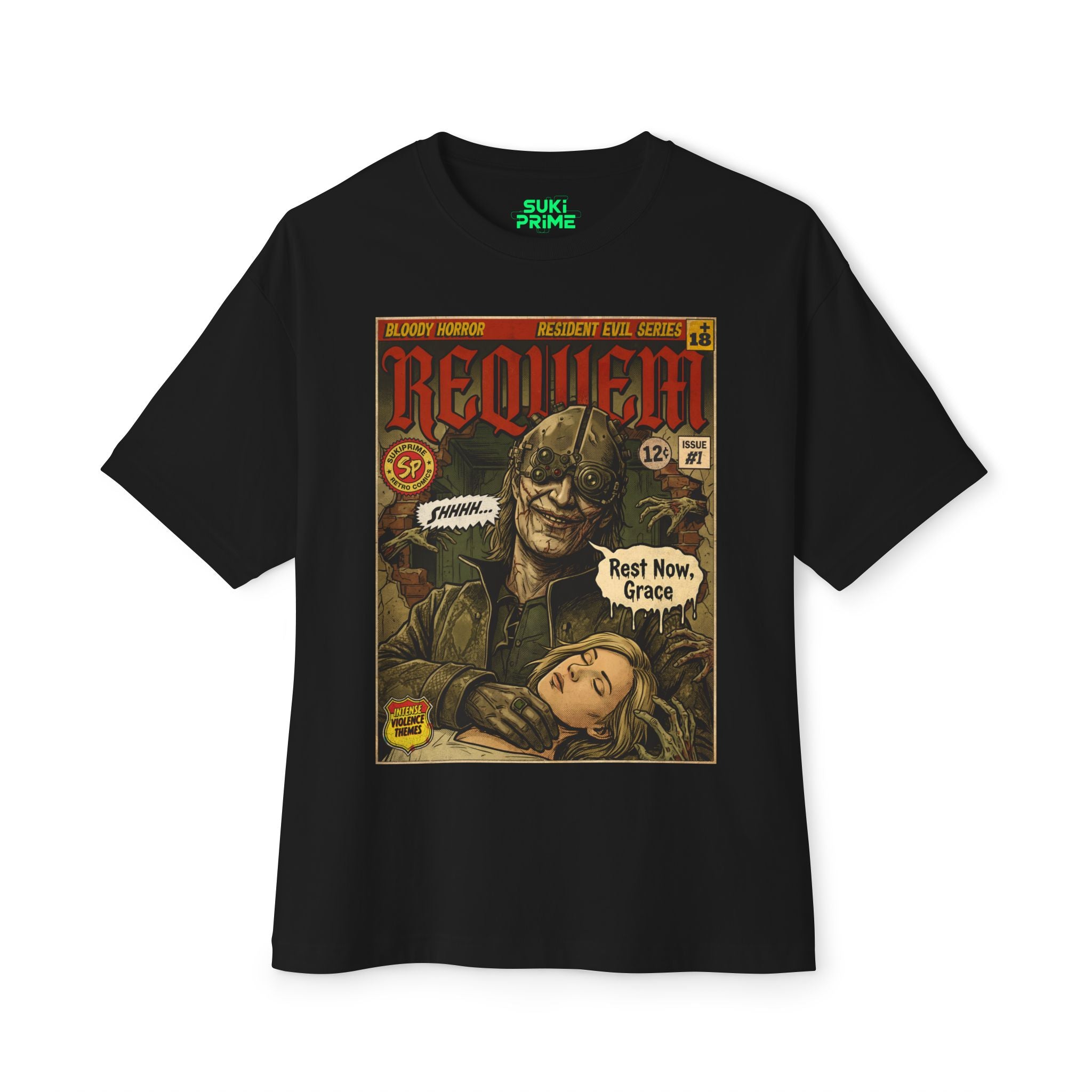 Black t-shirt with graphic design featuring a zombie holding a head, titled 'Resident Evil Requiem' featuring unique vintage comic cover art, High-quality gaming apparel for retro horror fans by sukiprime