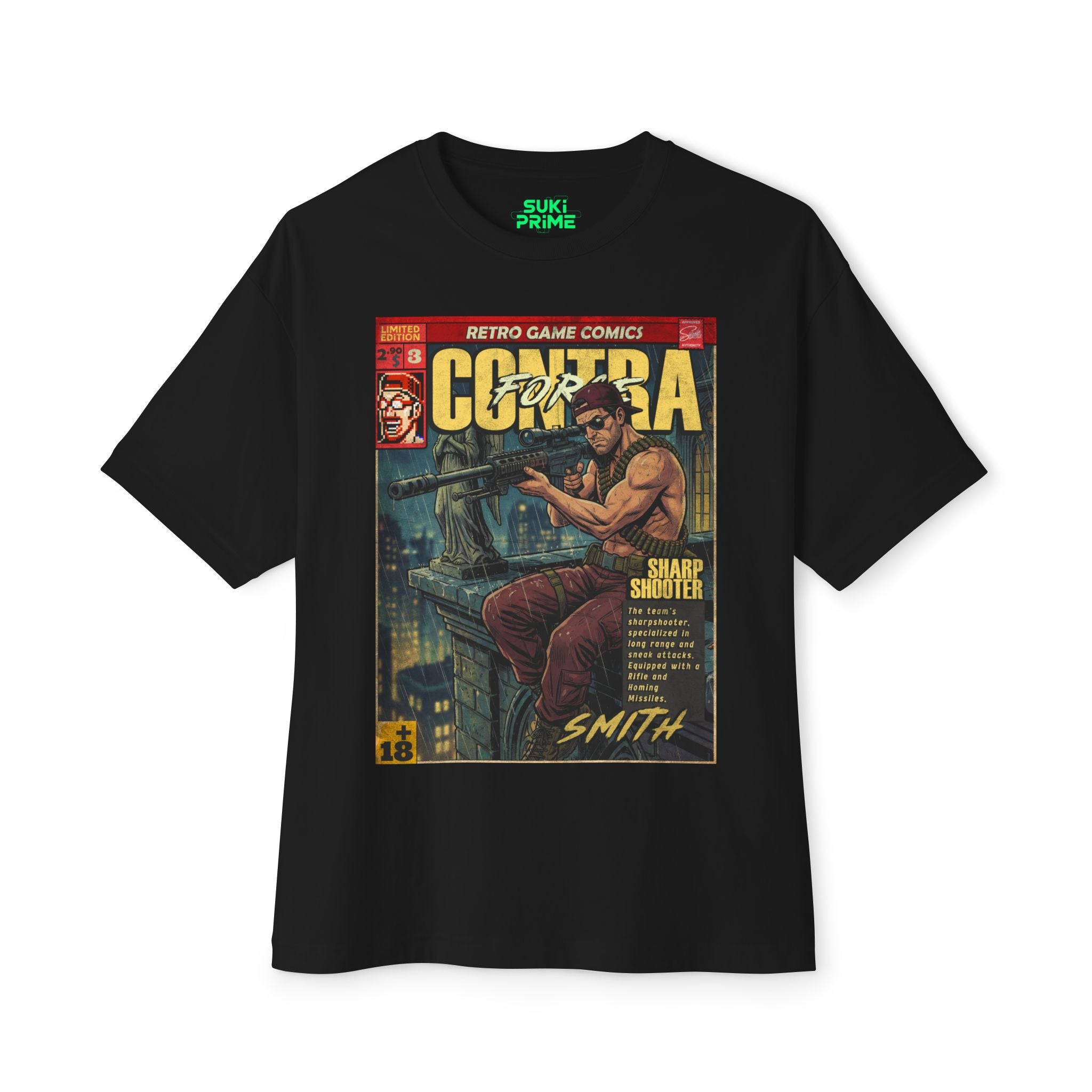 Black t-shirt with retro game comic design featuring a character holding a gun featuring unique vintage comic cover art, High-quality gaming apparel for retro horror fans by sukiprime