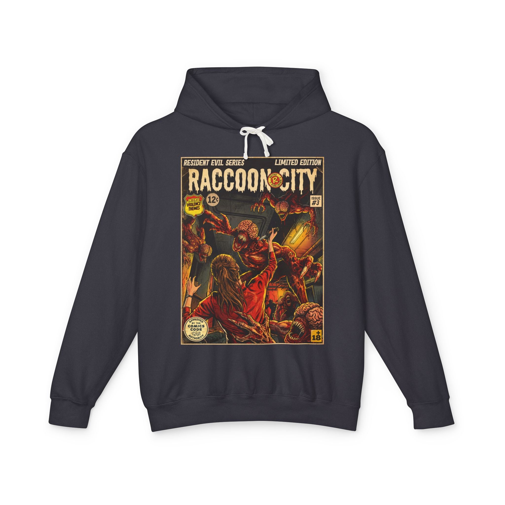 Resident Evil 2 Comic Cover Gaming Hoodie featuring unique vintage comic cover art. High-quality gaming apparel for retro fans by SukiPrime