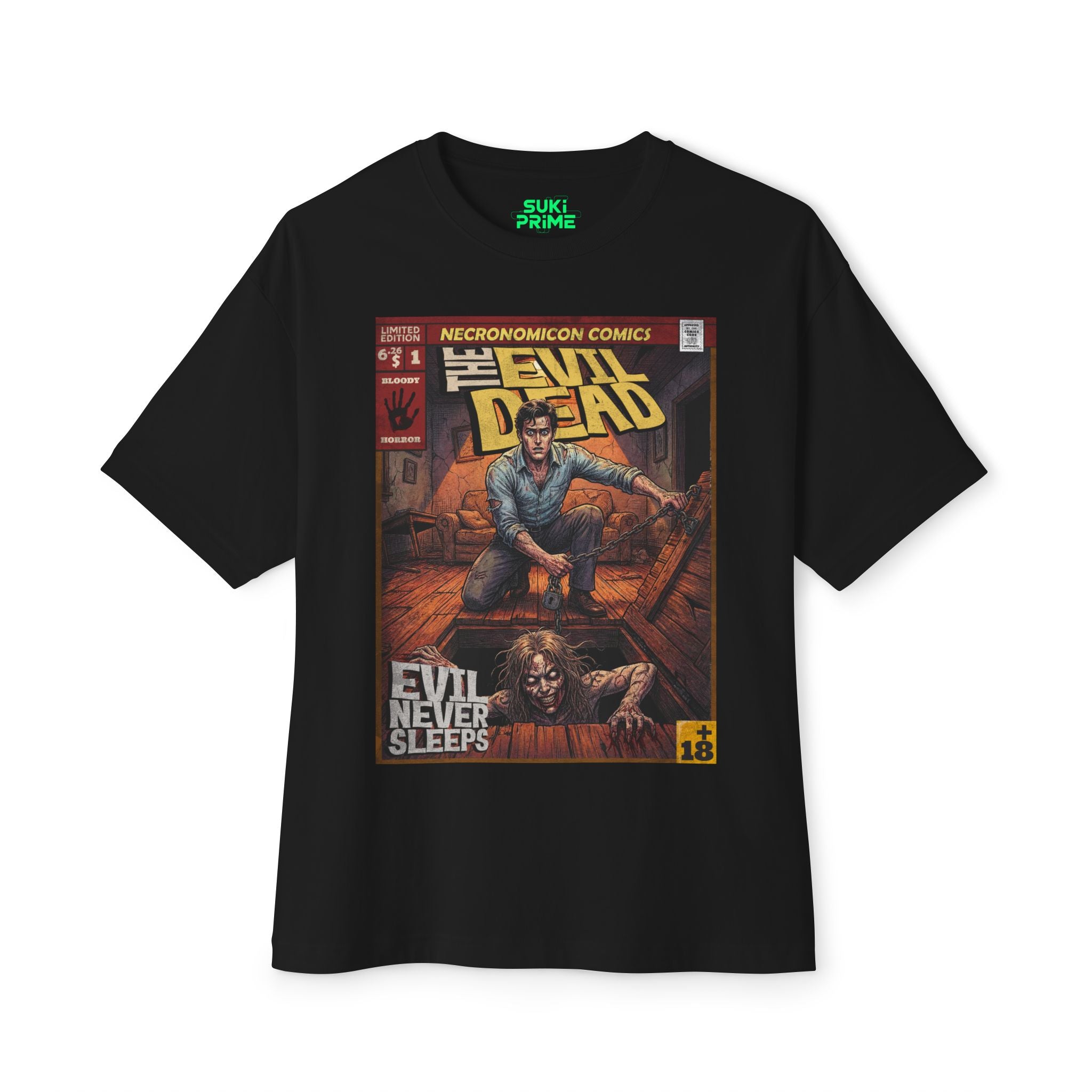 The Evil Dead oversized t-shirt by SukiPrime, featuring a retro comic book cover design with Ash Williams and a Deadite in a cellar. Premium heavyweight cotton, perfect for horror movie streetwear fans