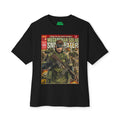 Black t-shirt with a graphic design of a character holding a rifle on a comic book cover style background featuring unique vintage comic cover art, High-quality gaming apparel for retro horror fans by sukiprime