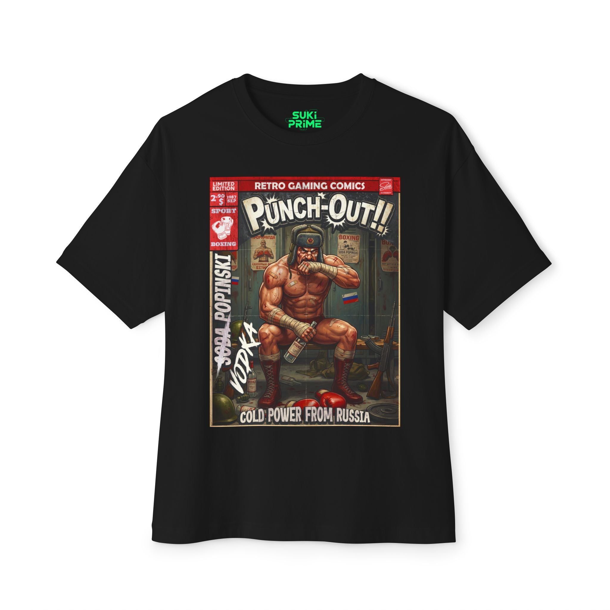 Black t-shirt with a graphic design of a boxer and text on a white background featuring unique vintage comic cover art, High-quality gaming apparel for retro horror fans by sukiprime