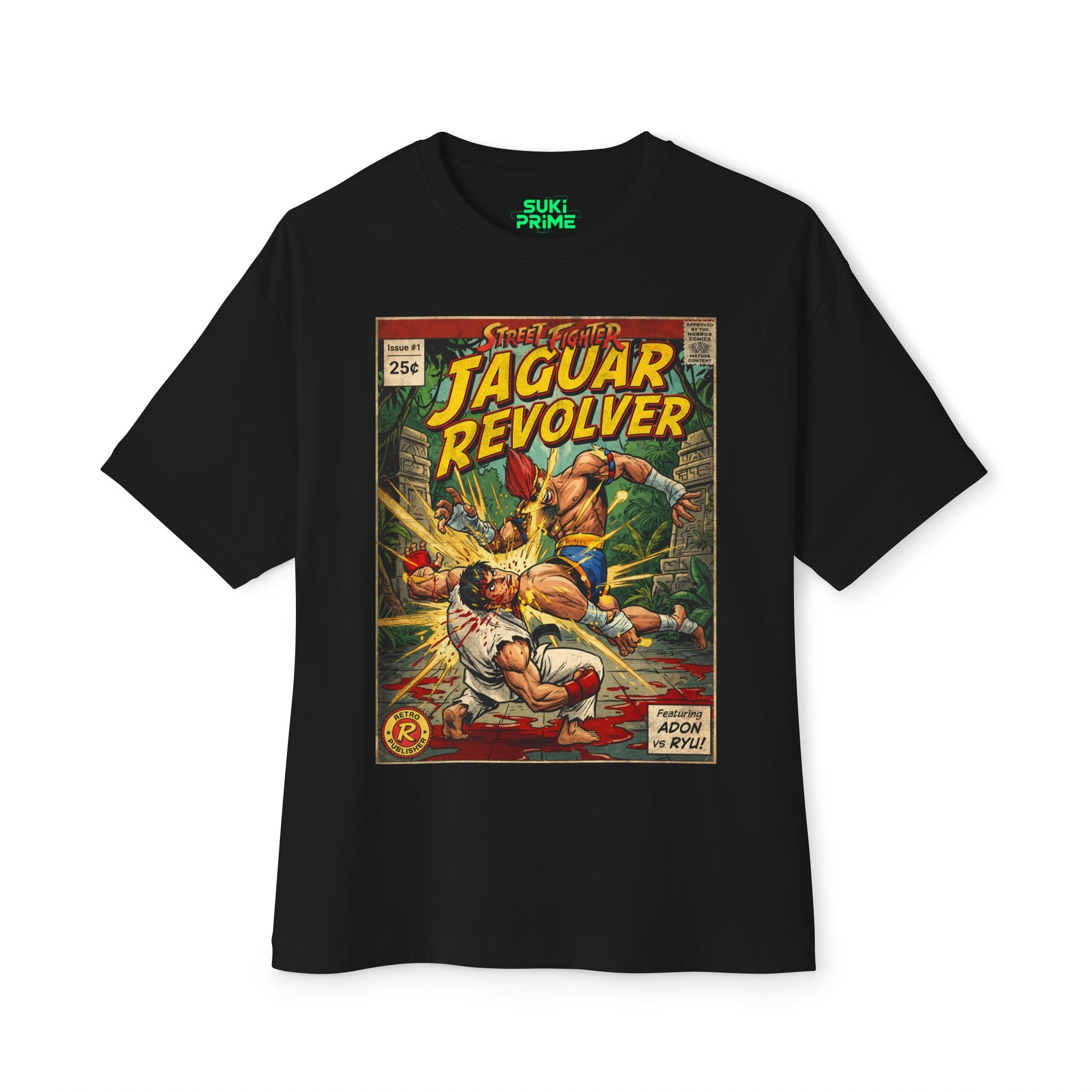 Black t-shirt with a comic book cover design featuring 'Jaguar Revolver' on a white background featuring unique vintage comic cover art, High-quality gaming apparel for retro horror fans by sukiprime