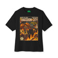 Black t-shirt with 'Raccoon City' comic book cover design on a white background featuring unique vintage comic cover art, High-quality gaming apparel for retro horror fans by sukiprime