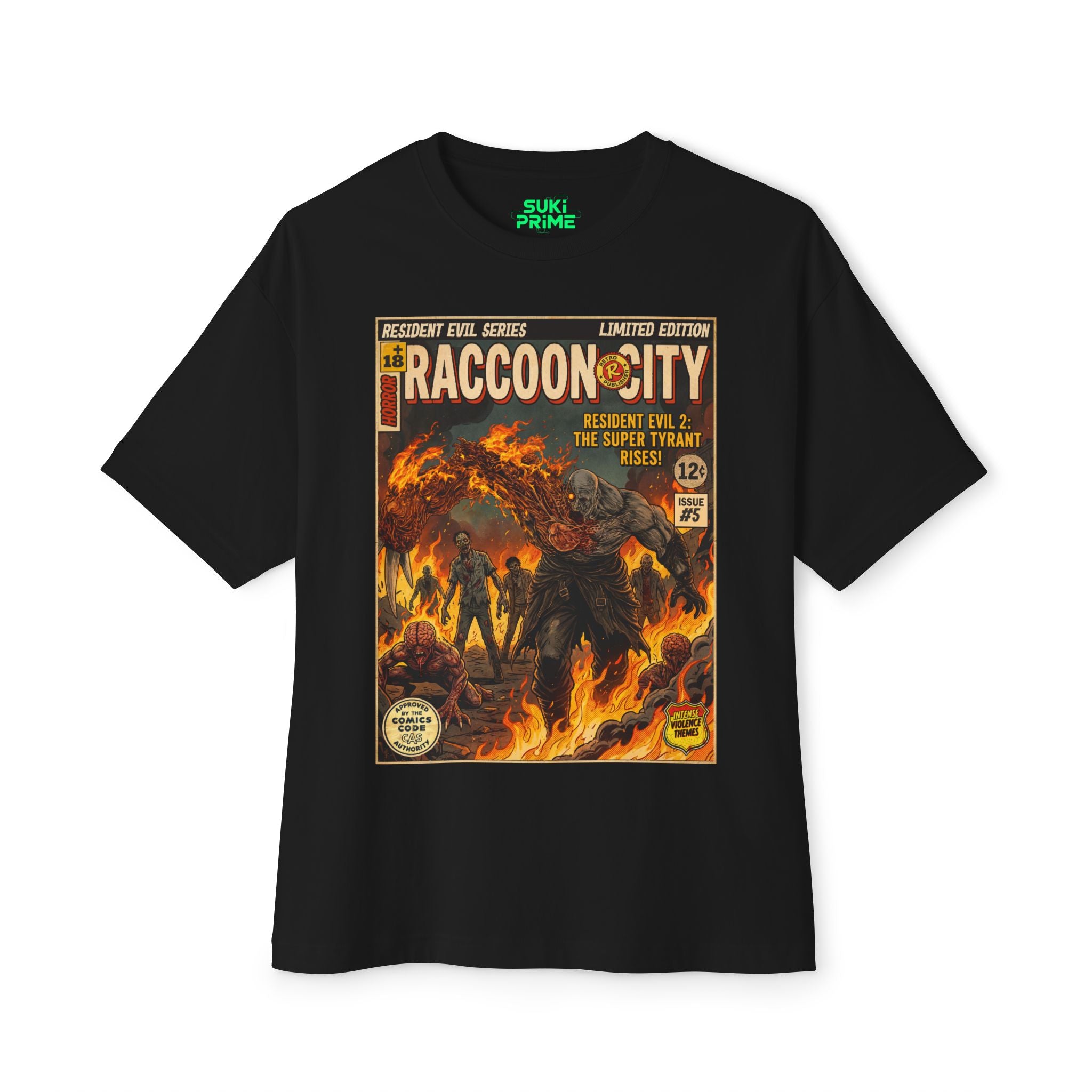 Black t-shirt with 'Raccoon City' comic book cover design on a white background featuring unique vintage comic cover art, High-quality gaming apparel for retro horror fans by sukiprime