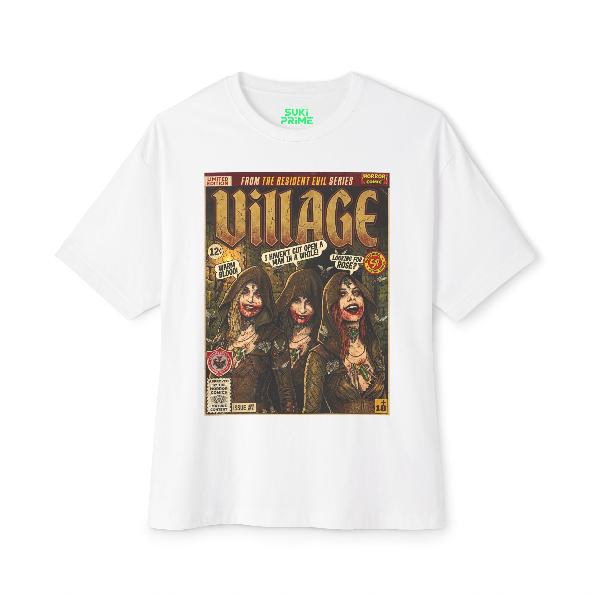 White Resident Evil Village Comic Art Oversized T-Shirt by SukiPrime