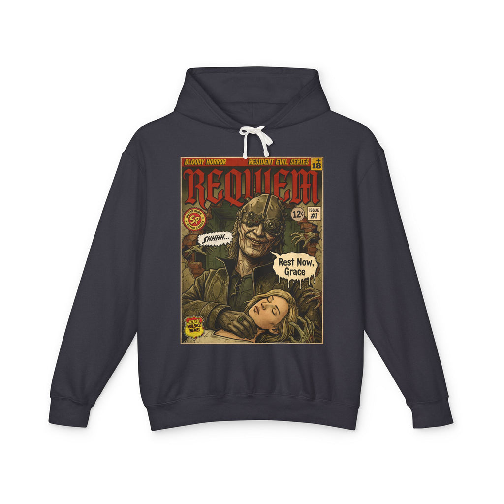 Resident Evil Requiem Comic Cover Gaming Hoodie featuring unique vintage comic cover art. High-quality gaming apparel for retro fans by SukiPrime