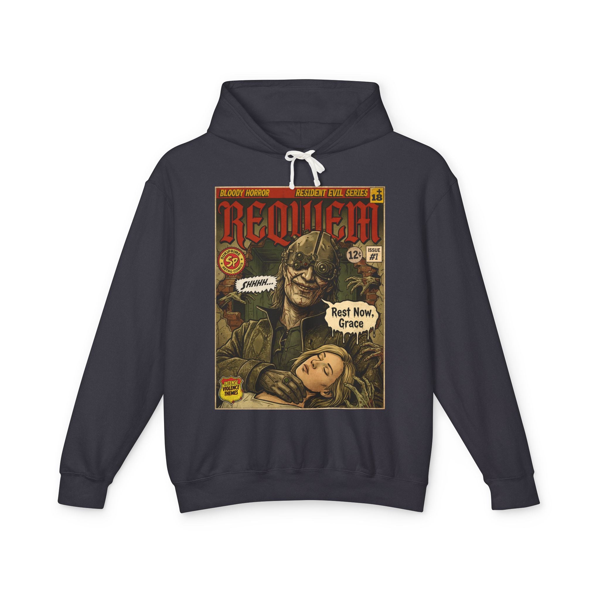 Resident Evil Requiem Comic Cover Gaming Hoodie featuring unique vintage comic cover art. High-quality gaming apparel for retro fans by SukiPrime